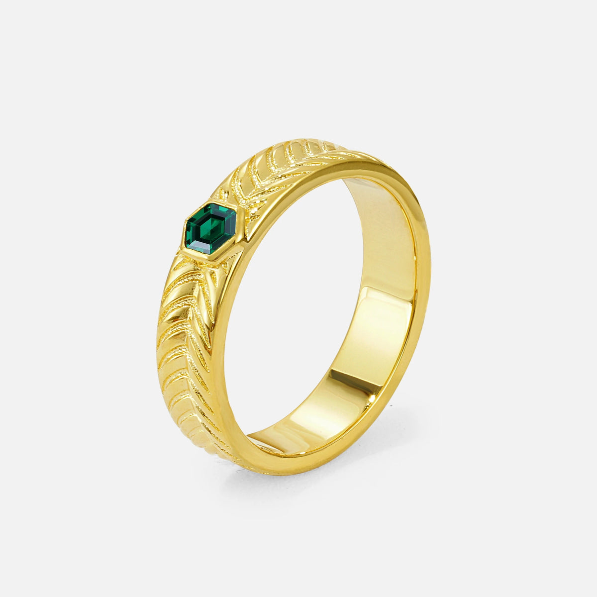 Hexagon Cut Emerald Men’s Wedding Band with Chevron Engraved Detail - Additional view