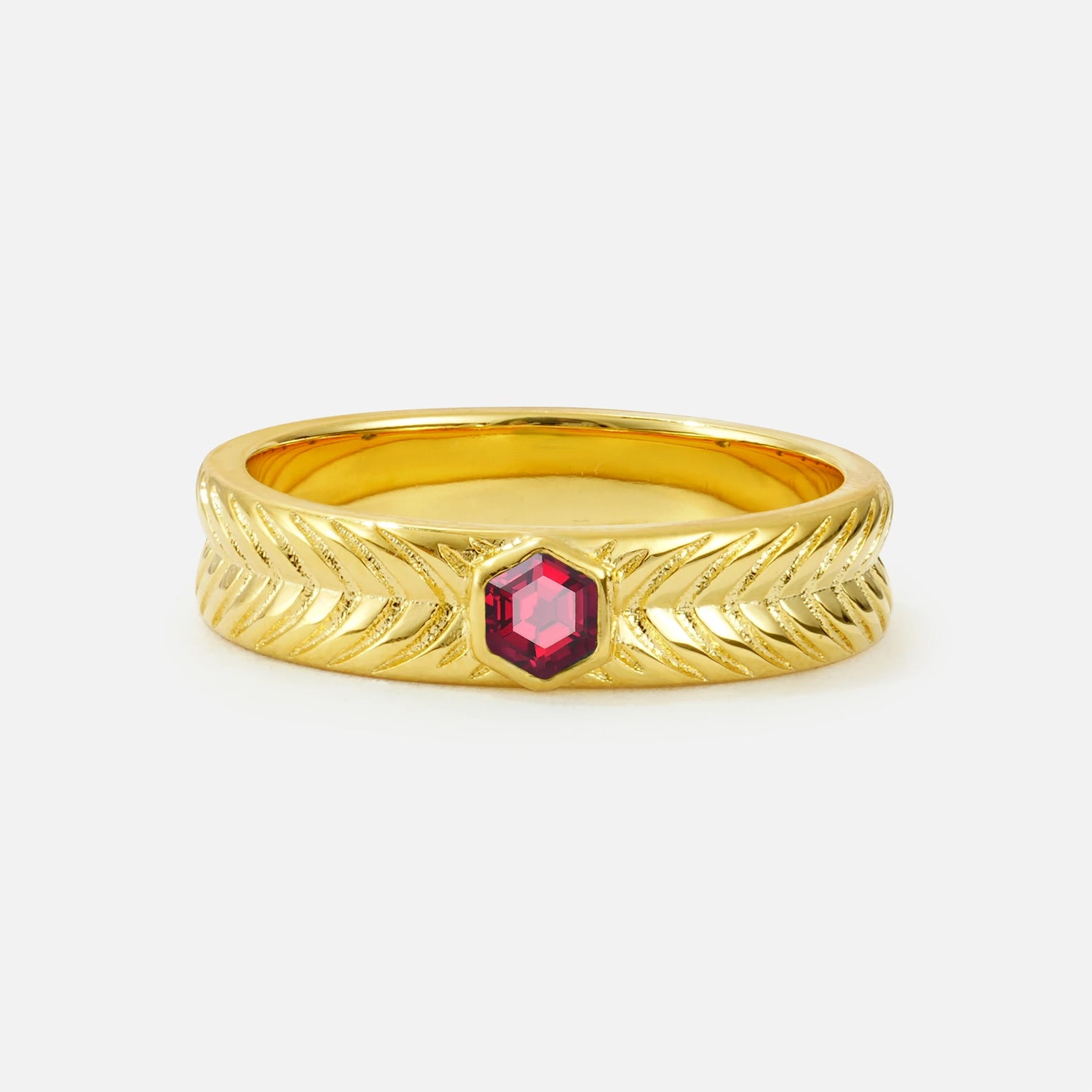 Hexagon Cut Ruby Men’s Wedding Band with Chevron Engraved Detail - Additional view