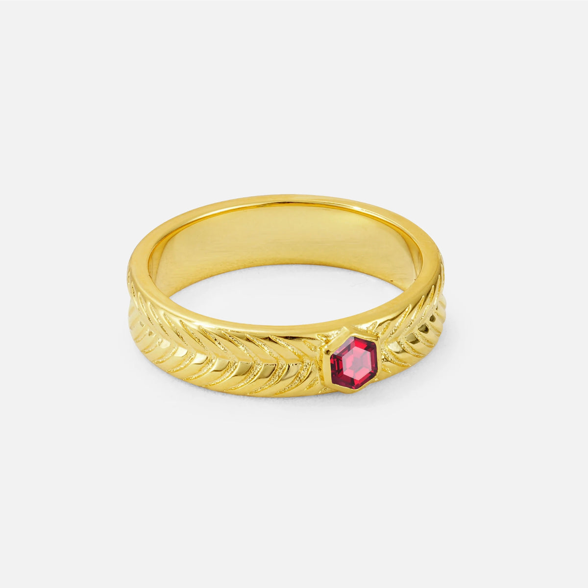 Hexagon Cut Ruby Men’s Wedding Band with Chevron Engraved Detail - Additional view
