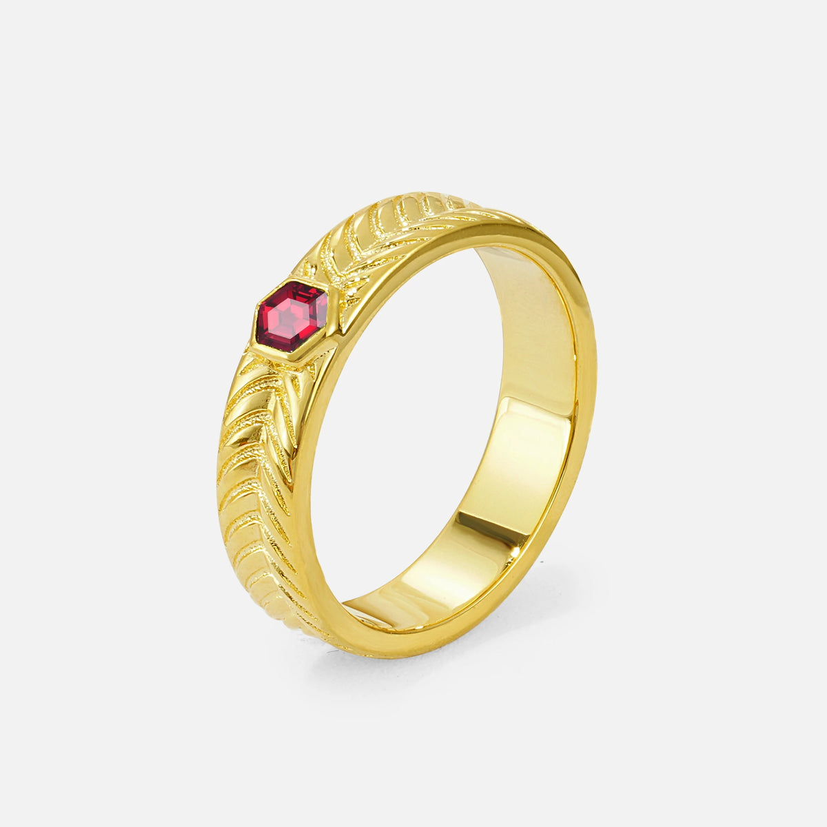 Hexagon Cut Ruby Men’s Wedding Band with Chevron Engraved Detail - Additional view