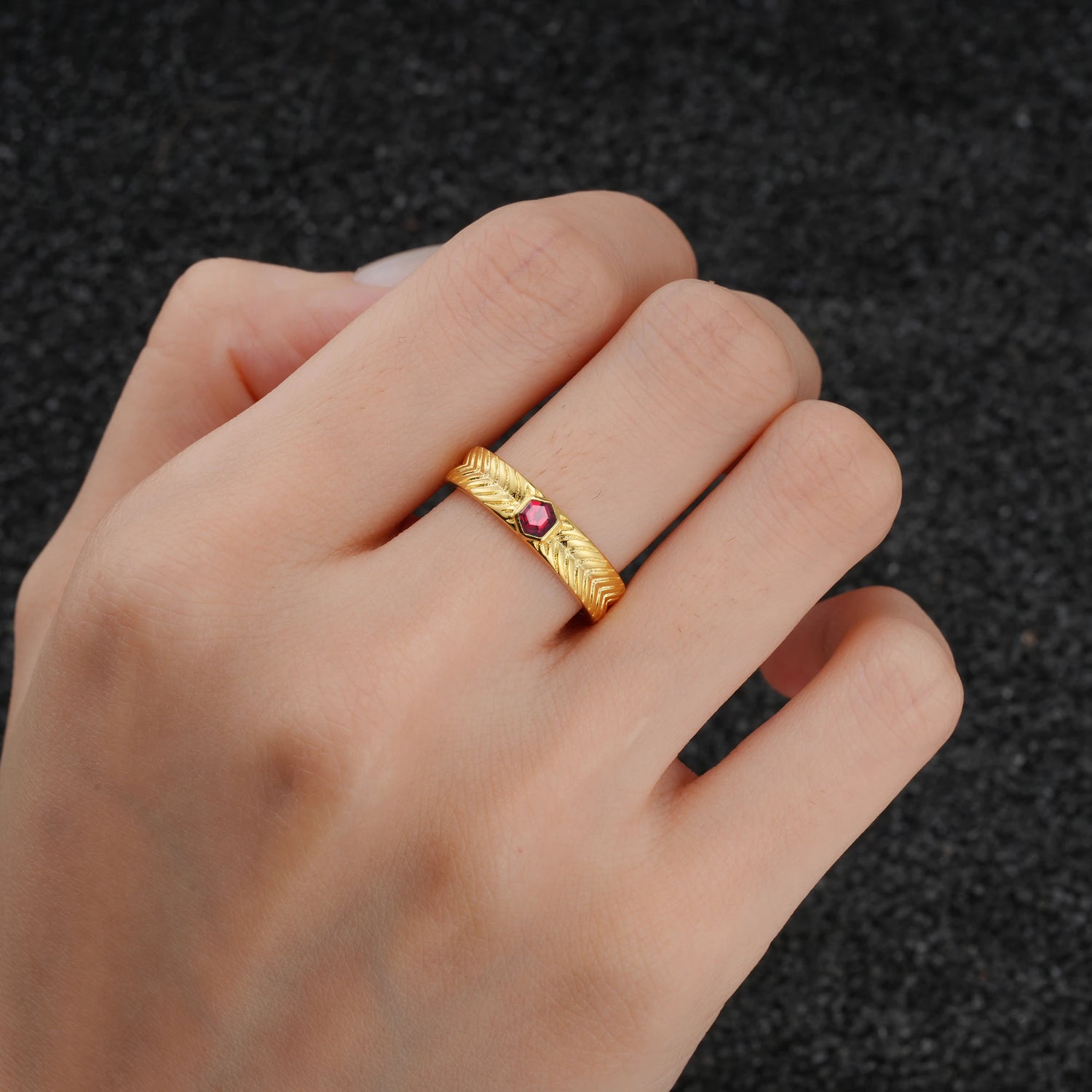Hexagon Cut Ruby Men’s Wedding Band with Chevron Engraved Detail - Additional view