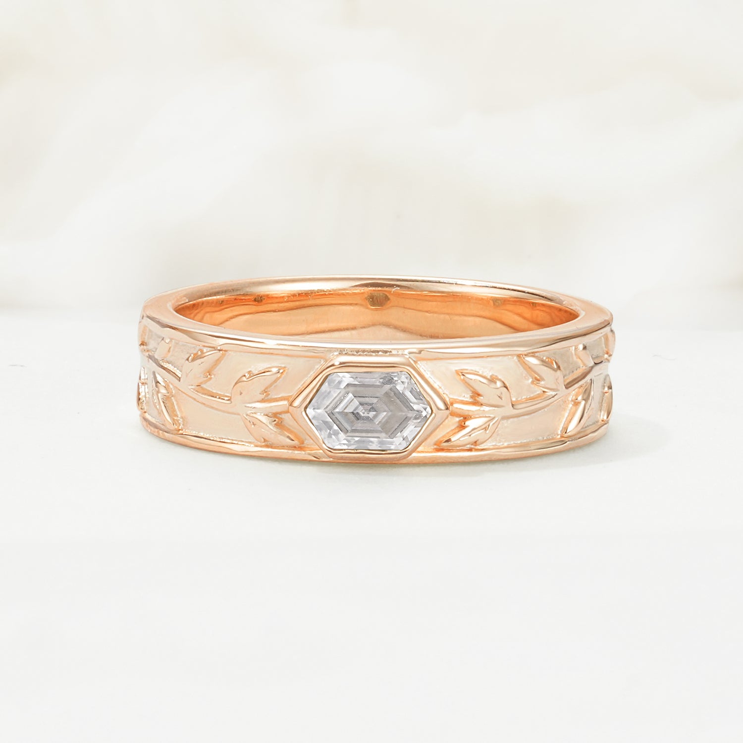 Elegant Hexagonal Cut Leaf Engraved Moissanite Wedding Band