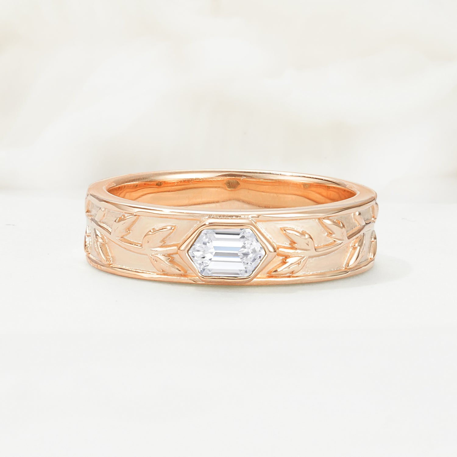 Elegant Hexagonal Cut Leaf Engraved Lab Diamond Wedding Band
