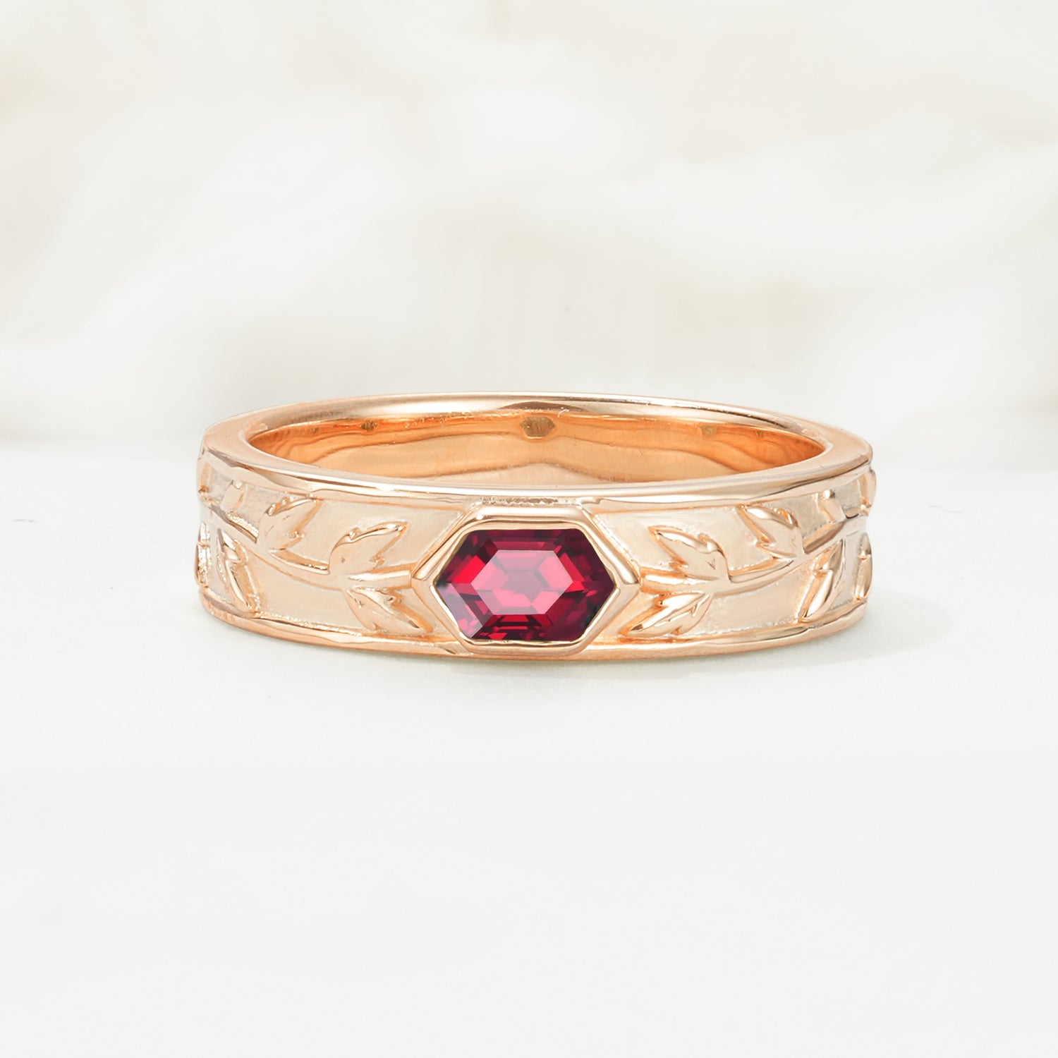 Elegant Hexagonal Cut Leaf Engraved Ruby Wedding Band