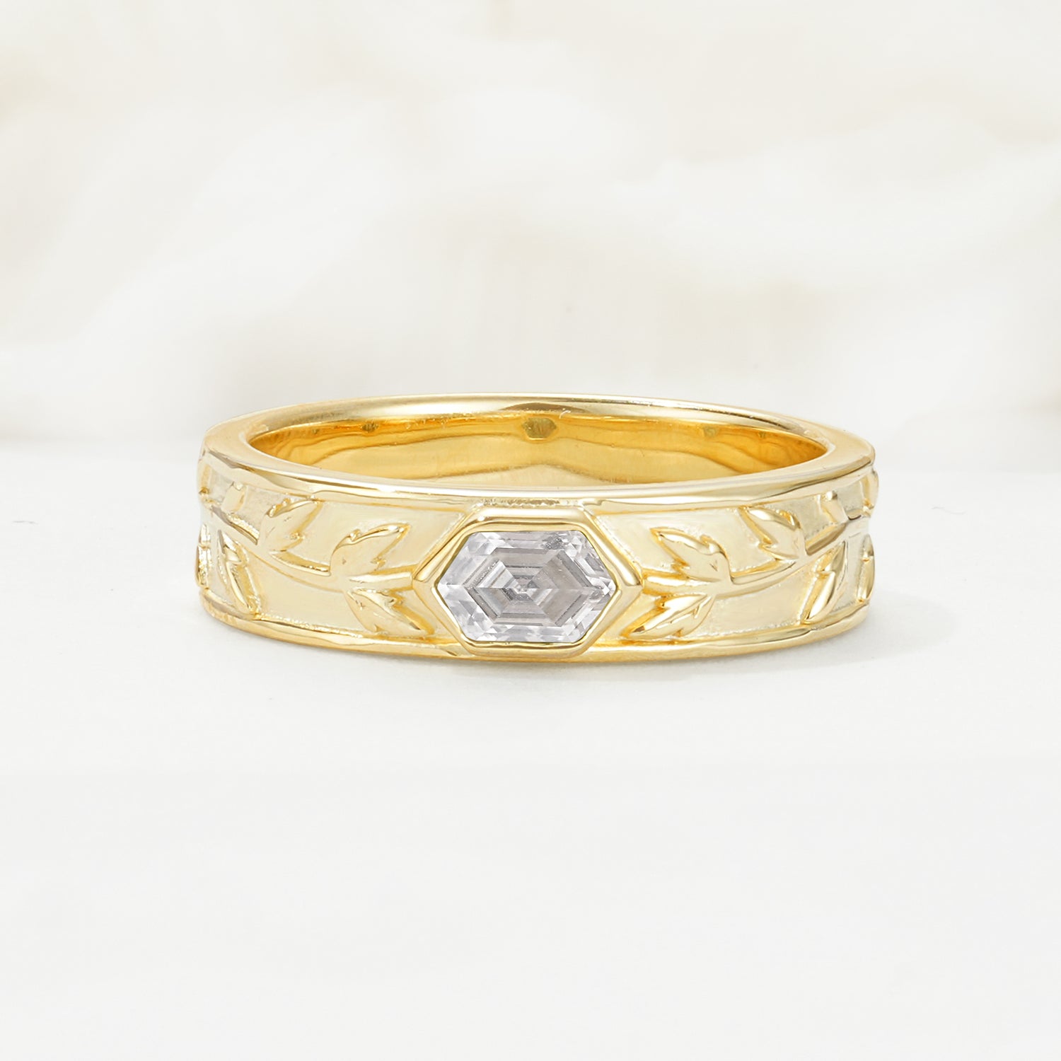 Elegant Hexagonal Cut Leaf Engraved Moissanite Wedding Band