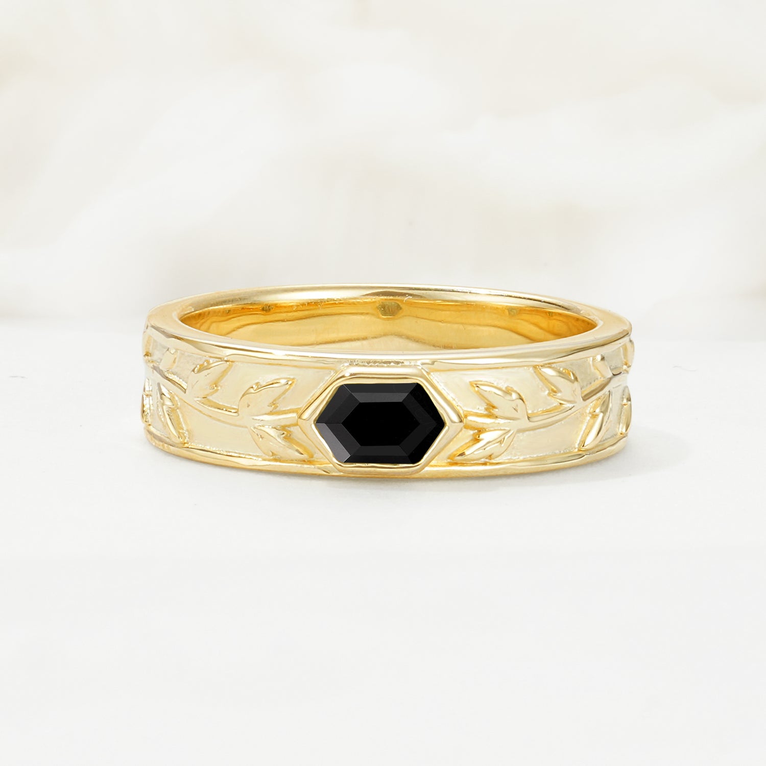 Elegant Hexagonal Cut Leaf Engraved Black Onyx Wedding Band