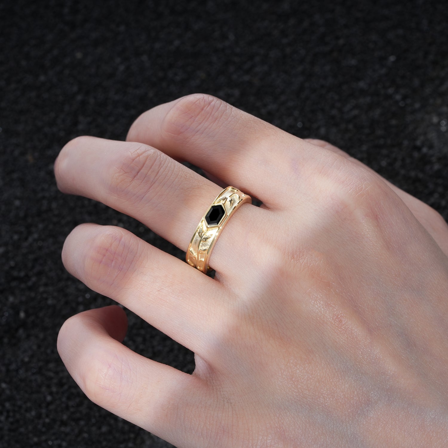 Elegant Hexagonal Cut Leaf Engraved Black Onyx Wedding Band
