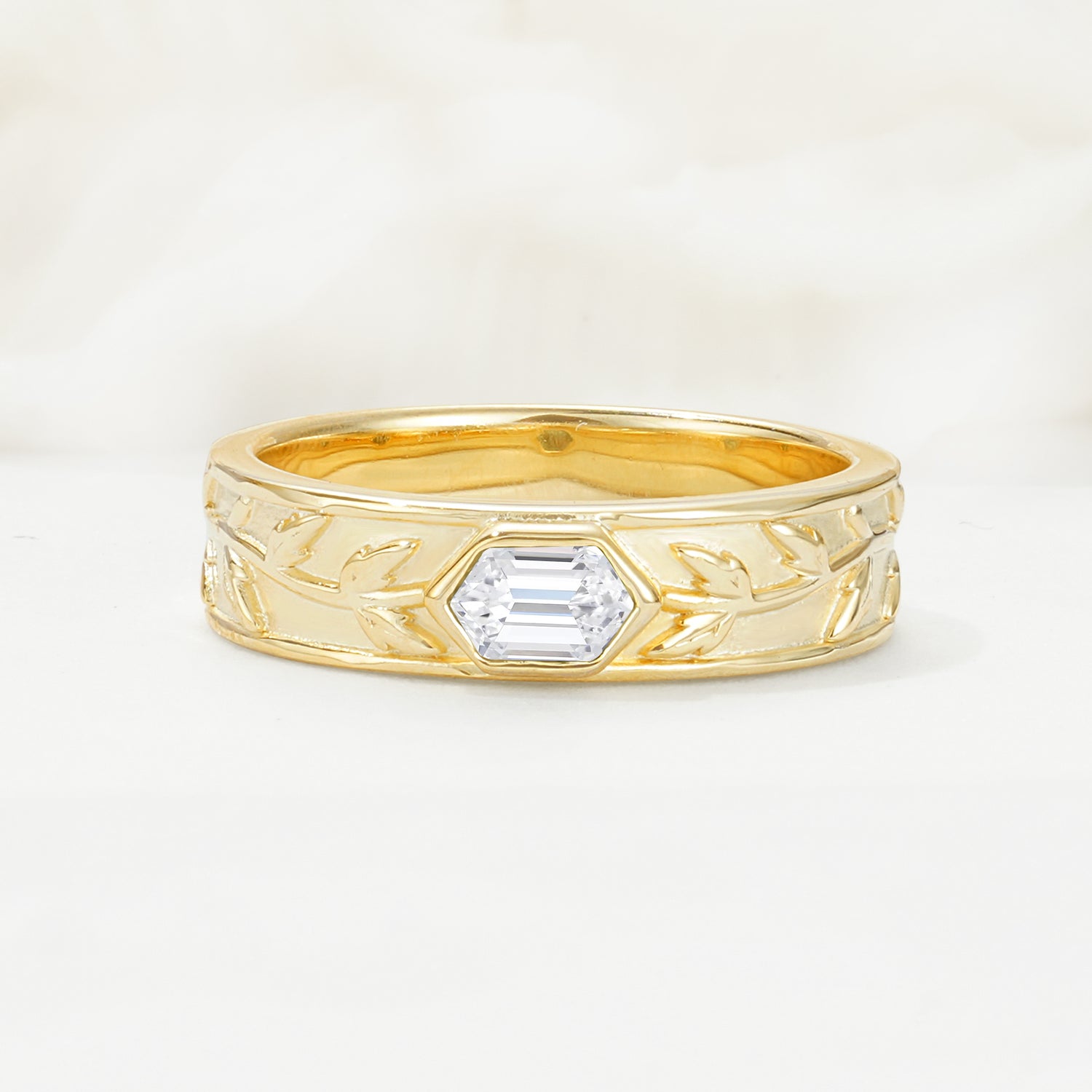 Elegant Hexagonal Cut Leaf Engraved Lab Diamond Wedding Band