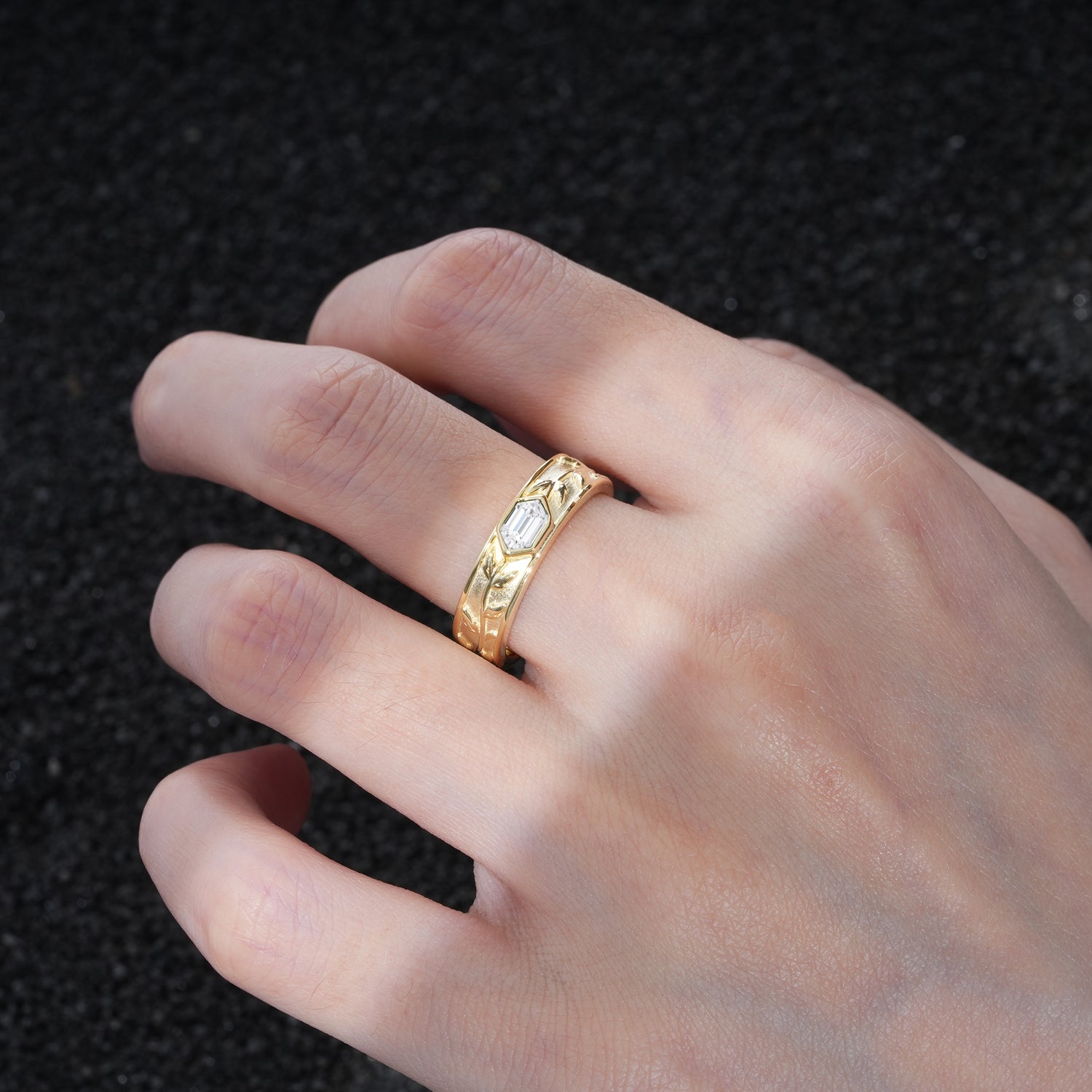 Elegant Hexagonal Cut Leaf Engraved Lab Diamond Wedding Band