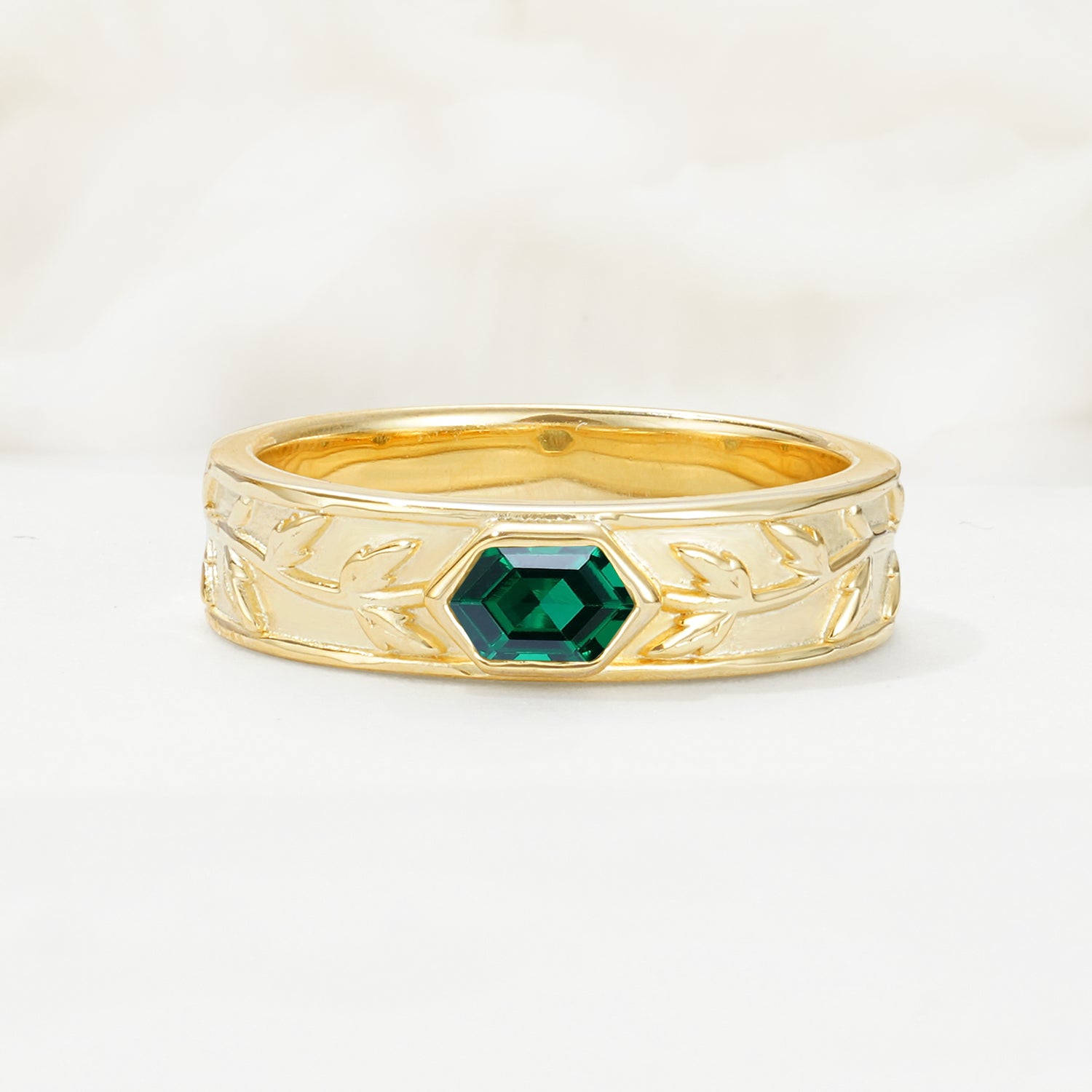 Elegant Hexagonal Cut Leaf Engraved Emerald Wedding Band