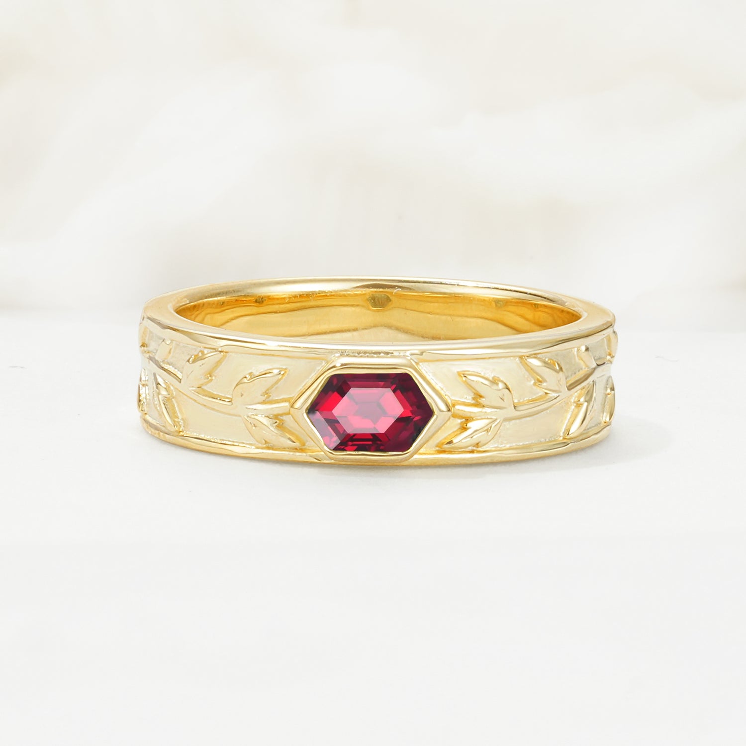 Elegant Hexagonal Cut Leaf Engraved Ruby Wedding Band