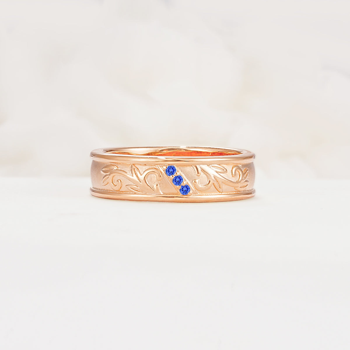 Vintage Round Cut Scroll Engraved Accent Sapphire Wedding Band - Additional view