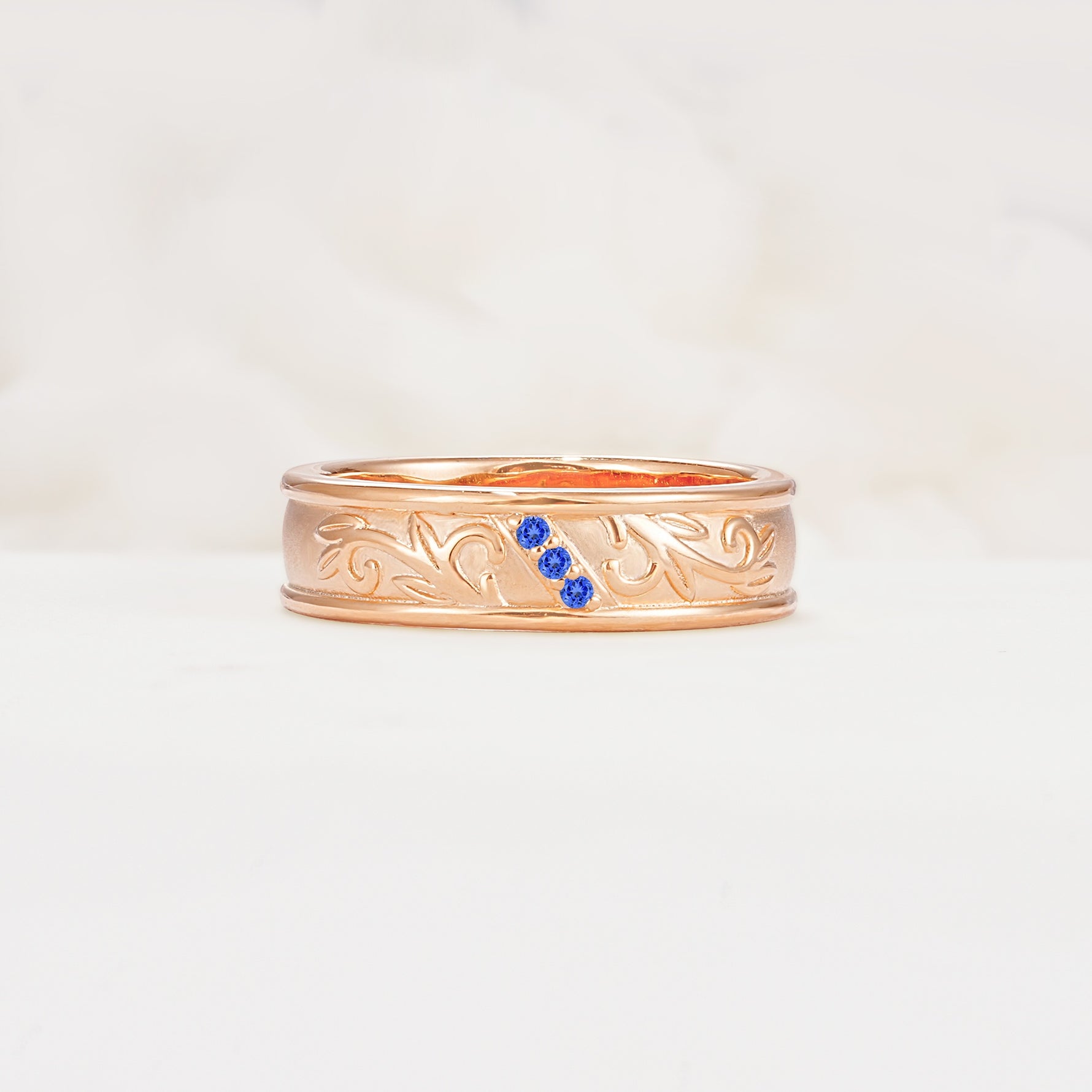 Vintage Round Cut Scroll Engraved Accent Sapphire Wedding Band - Additional view