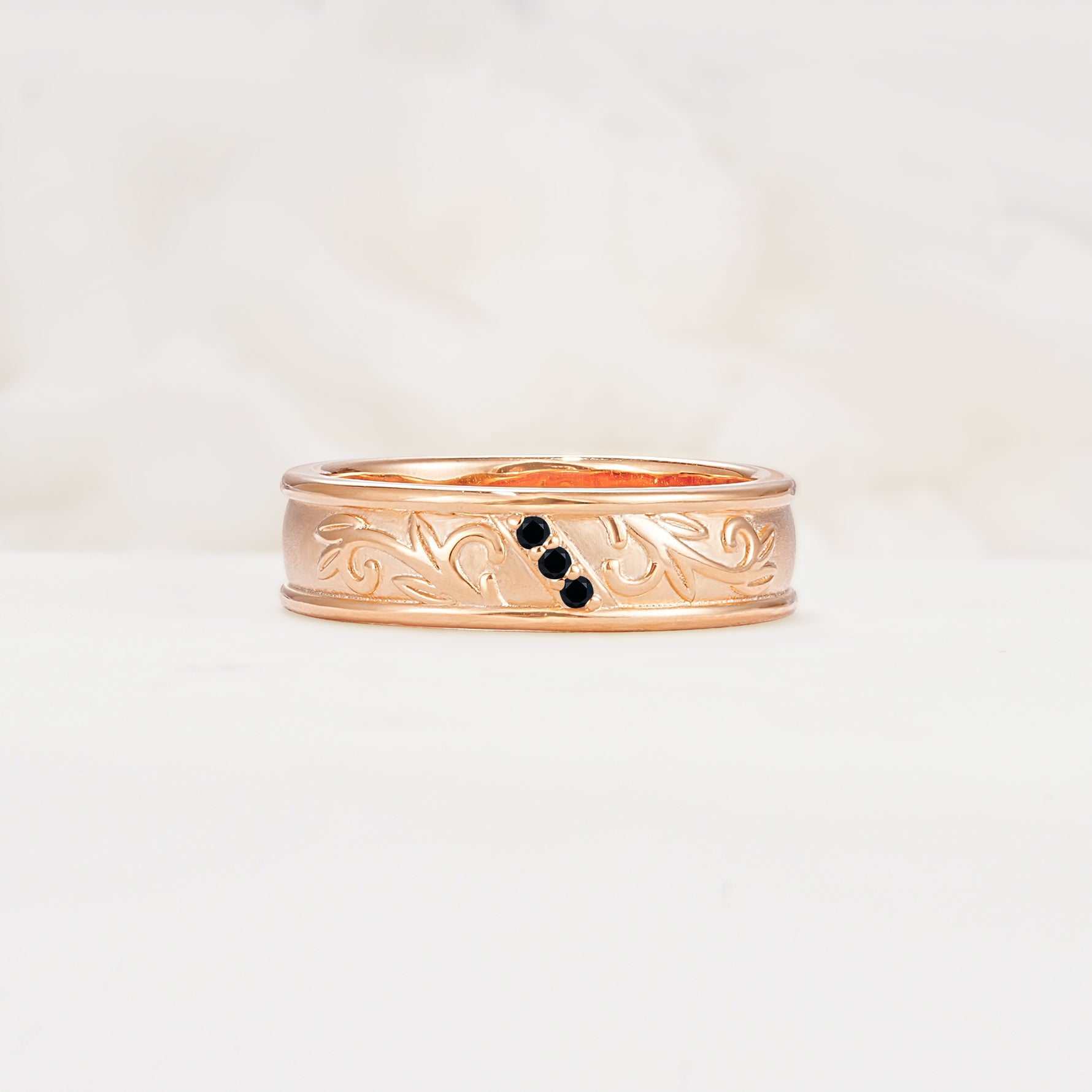 Vintage Round Cut Scroll Engraved Accent Black Onyx Wedding Band - Additional view