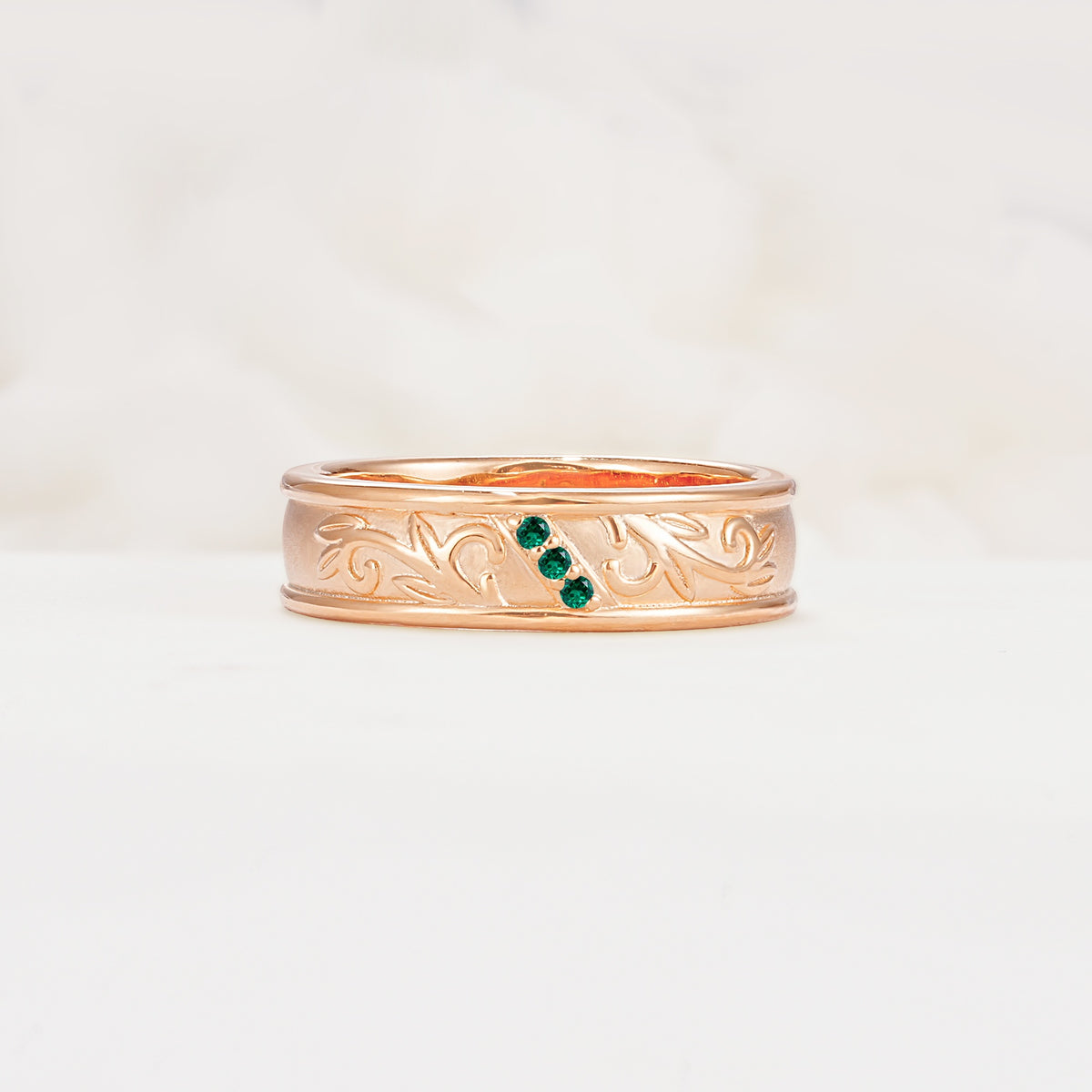 Vintage Round Cut Scroll Engraved Accent Emerald Wedding Band - Additional view