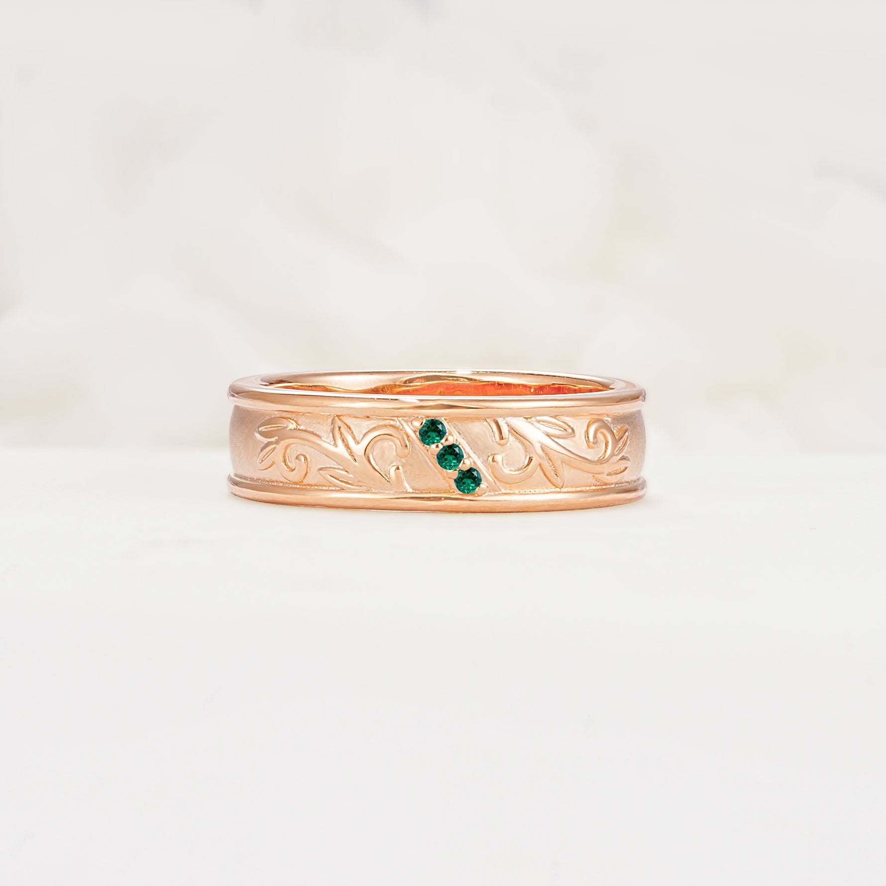 Vintage Round Cut Scroll Engraved Accent Emerald Wedding Band - Additional view