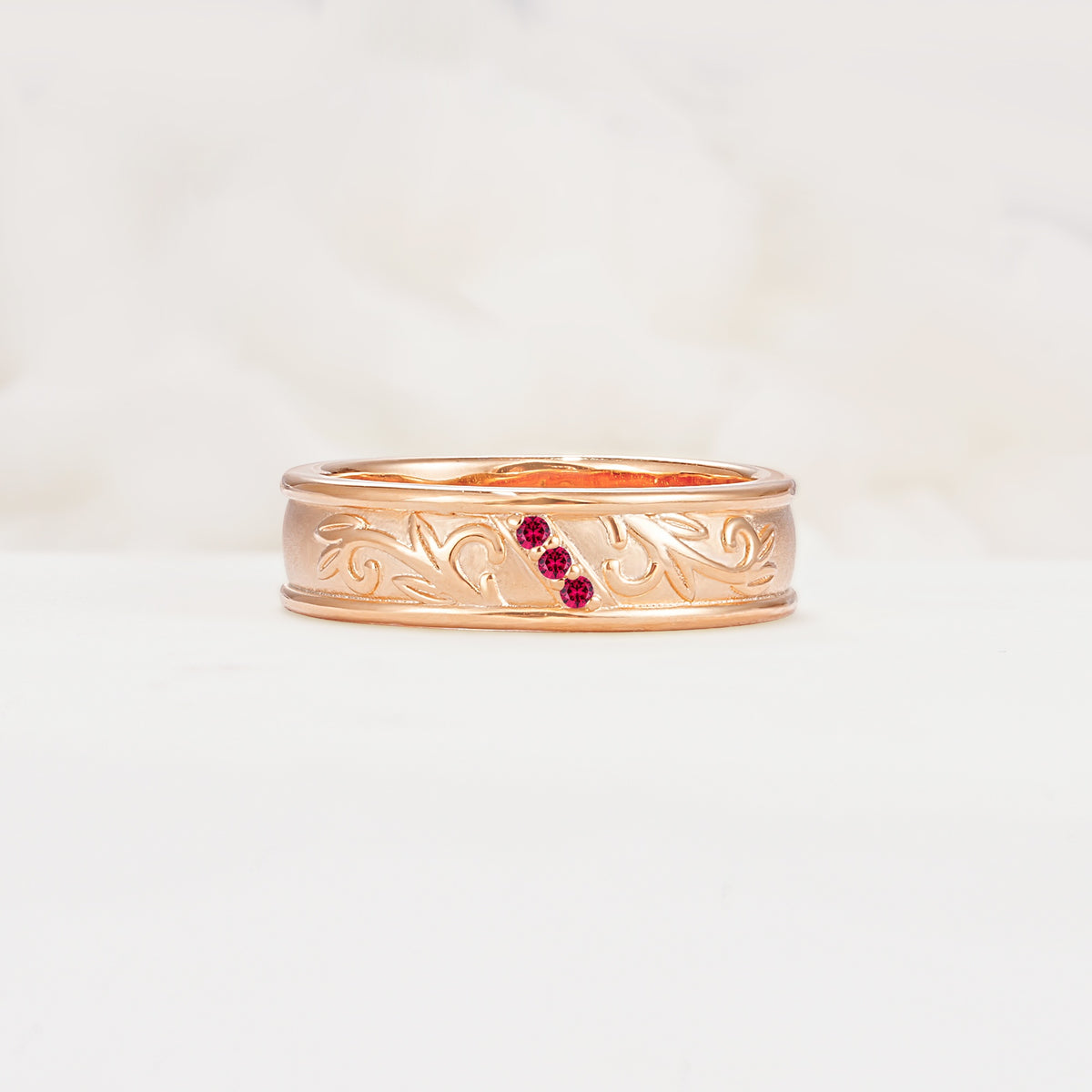 Vintage Round Cut Scroll Engraved Accent Ruby Wedding Band - Additional view