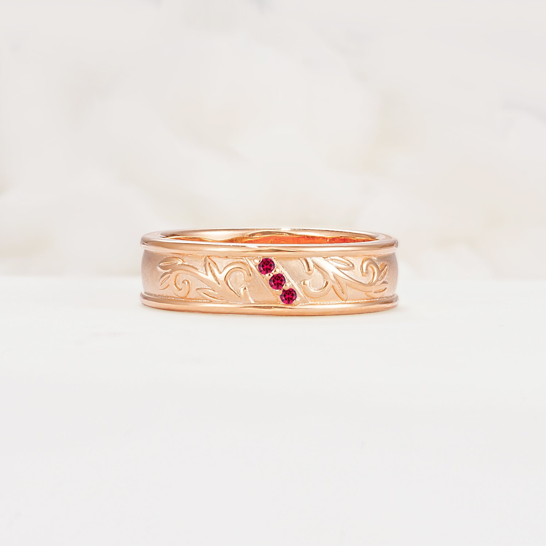 Vintage Round Cut Scroll Engraved Accent Ruby Wedding Band - Additional view