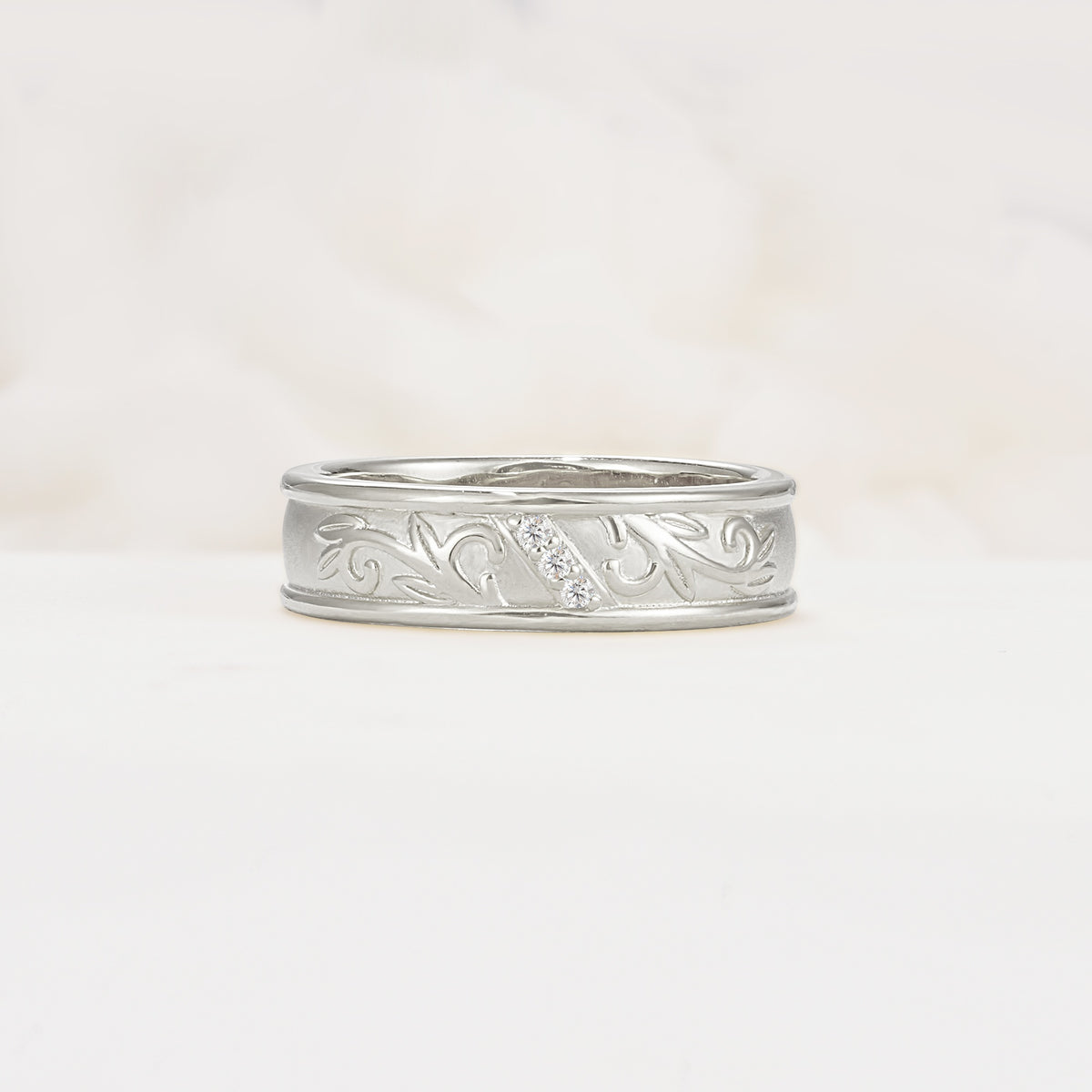 Vintage Round Cut Scroll Engraved Accent Moissanite Wedding Band - Additional view