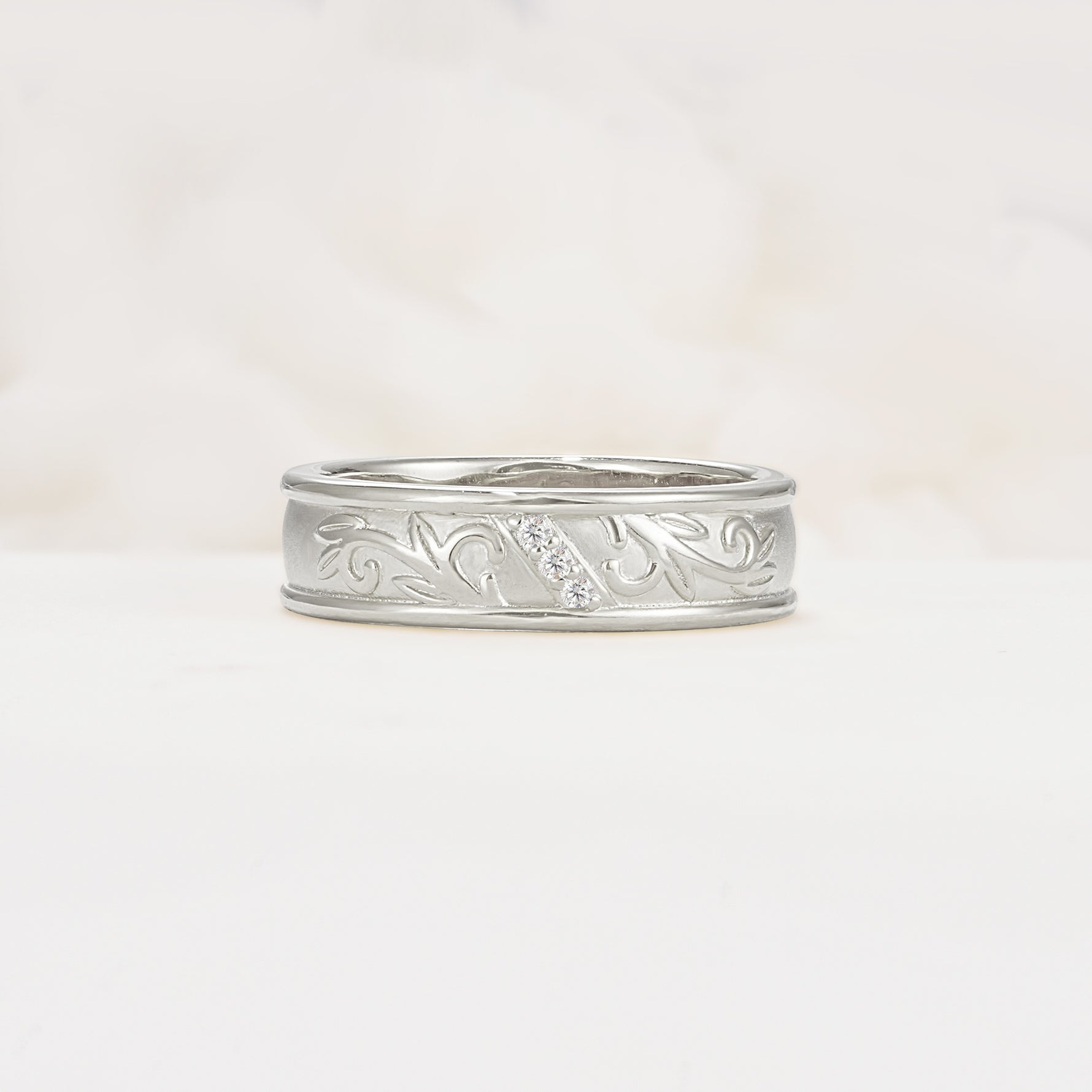 Vintage Round Cut Scroll Engraved Accent Moissanite Wedding Band - Additional view