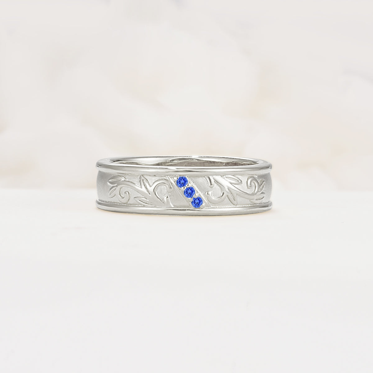 Vintage Round Cut Scroll Engraved Accent Sapphire Wedding Band - Additional view