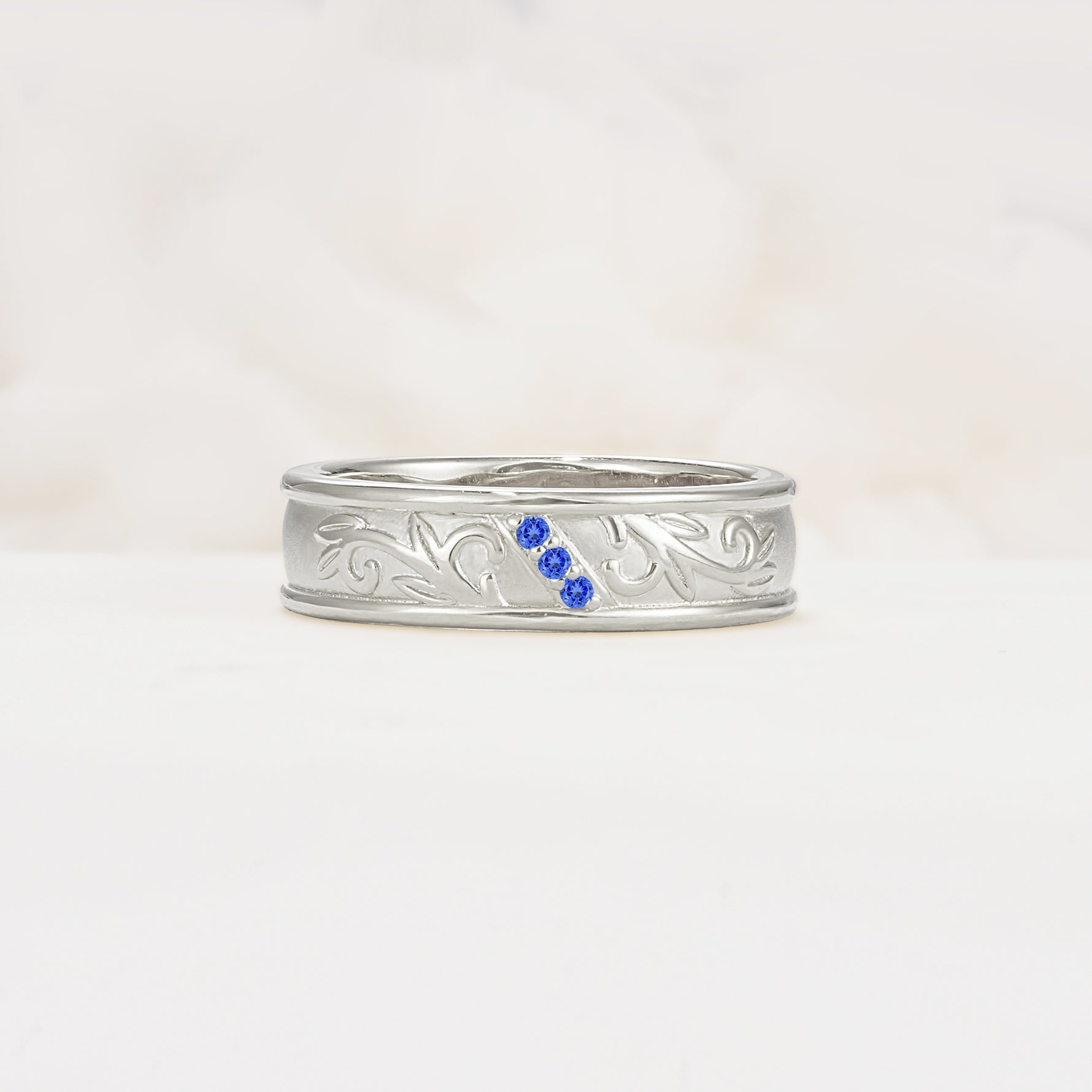 Vintage Round Cut Scroll Engraved Accent Sapphire Wedding Band - Additional view