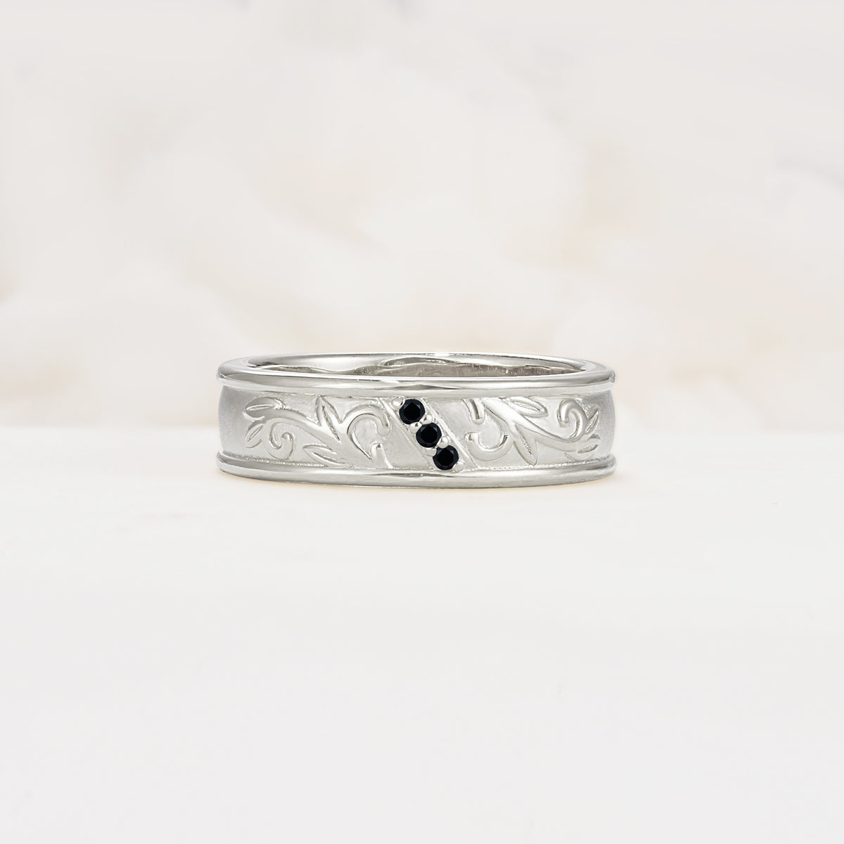 Vintage Round Cut Scroll Engraved Accent Black Onyx Wedding Band - Additional view