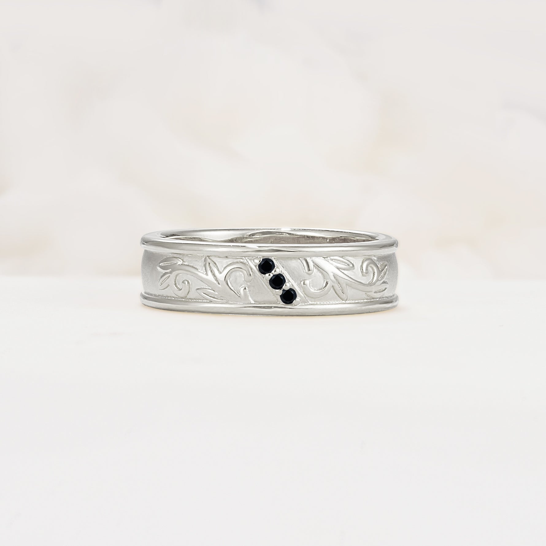 Vintage Round Cut Scroll Engraved Accent Black Onyx Wedding Band - Additional view
