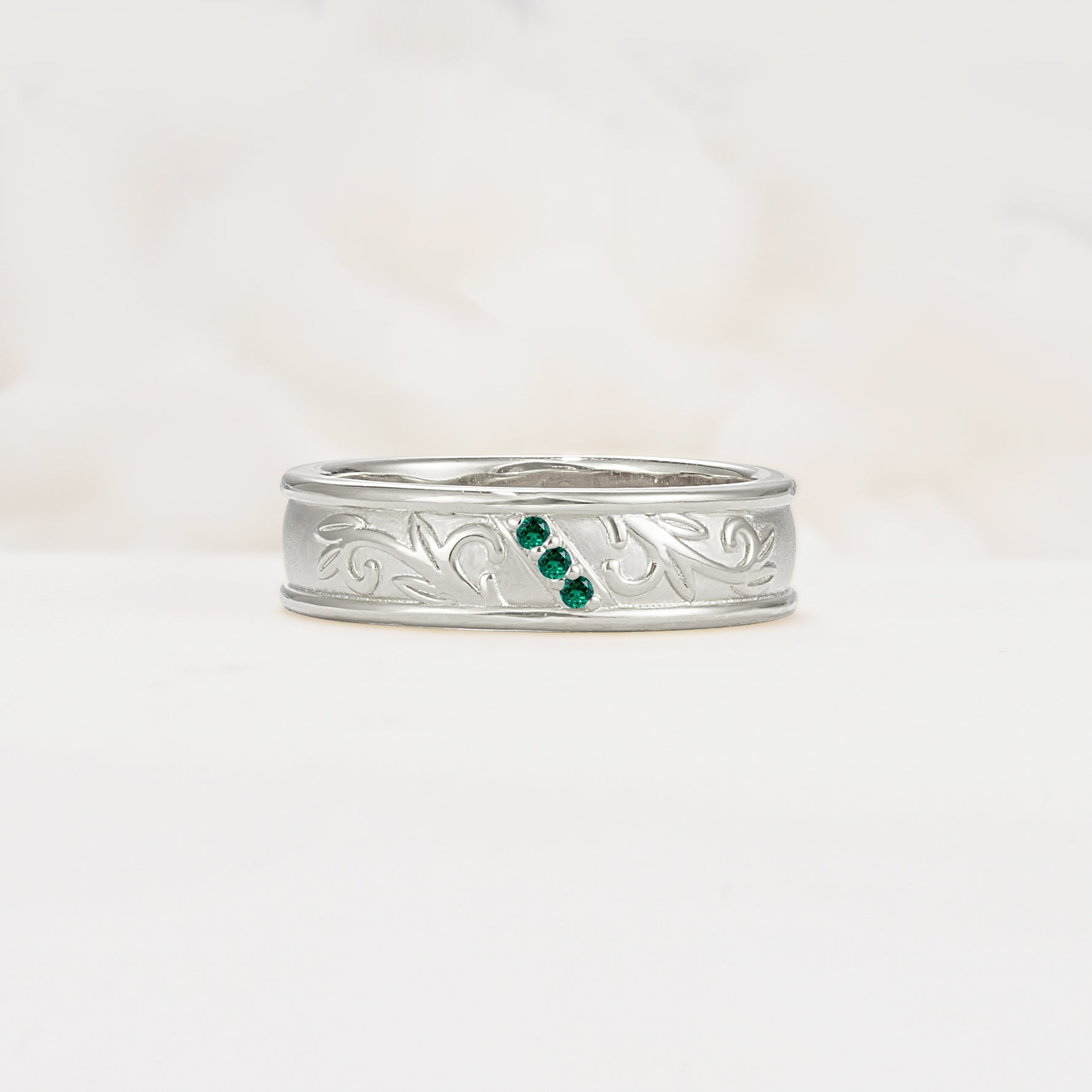 Vintage Round Cut Scroll Engraved Accent Emerald Wedding Band - Additional view