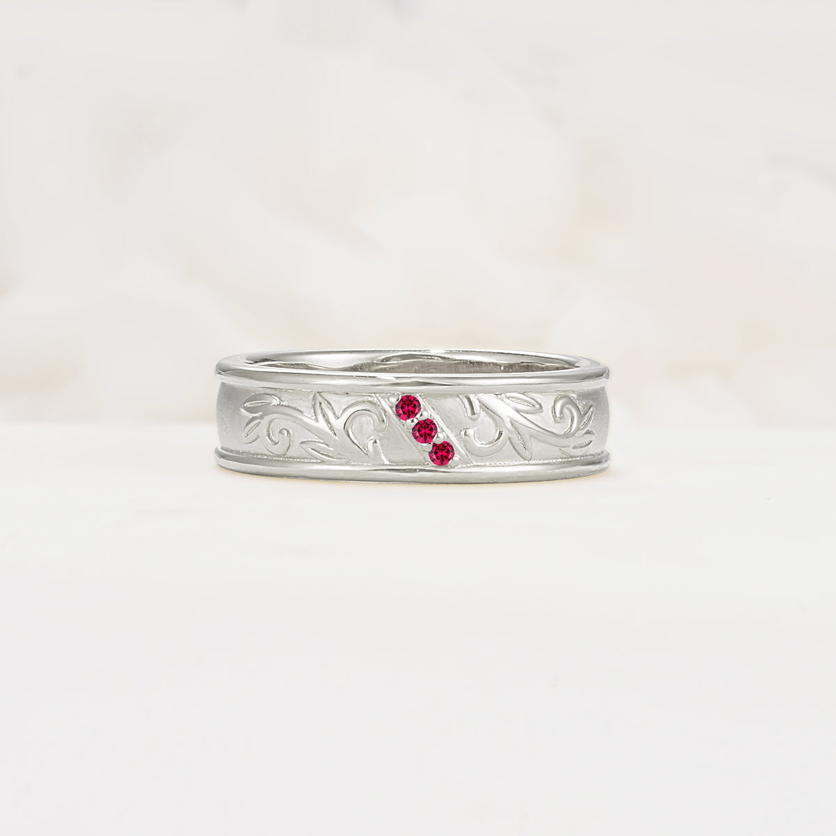 Vintage Round Cut Scroll Engraved Accent Ruby Wedding Band - Additional view