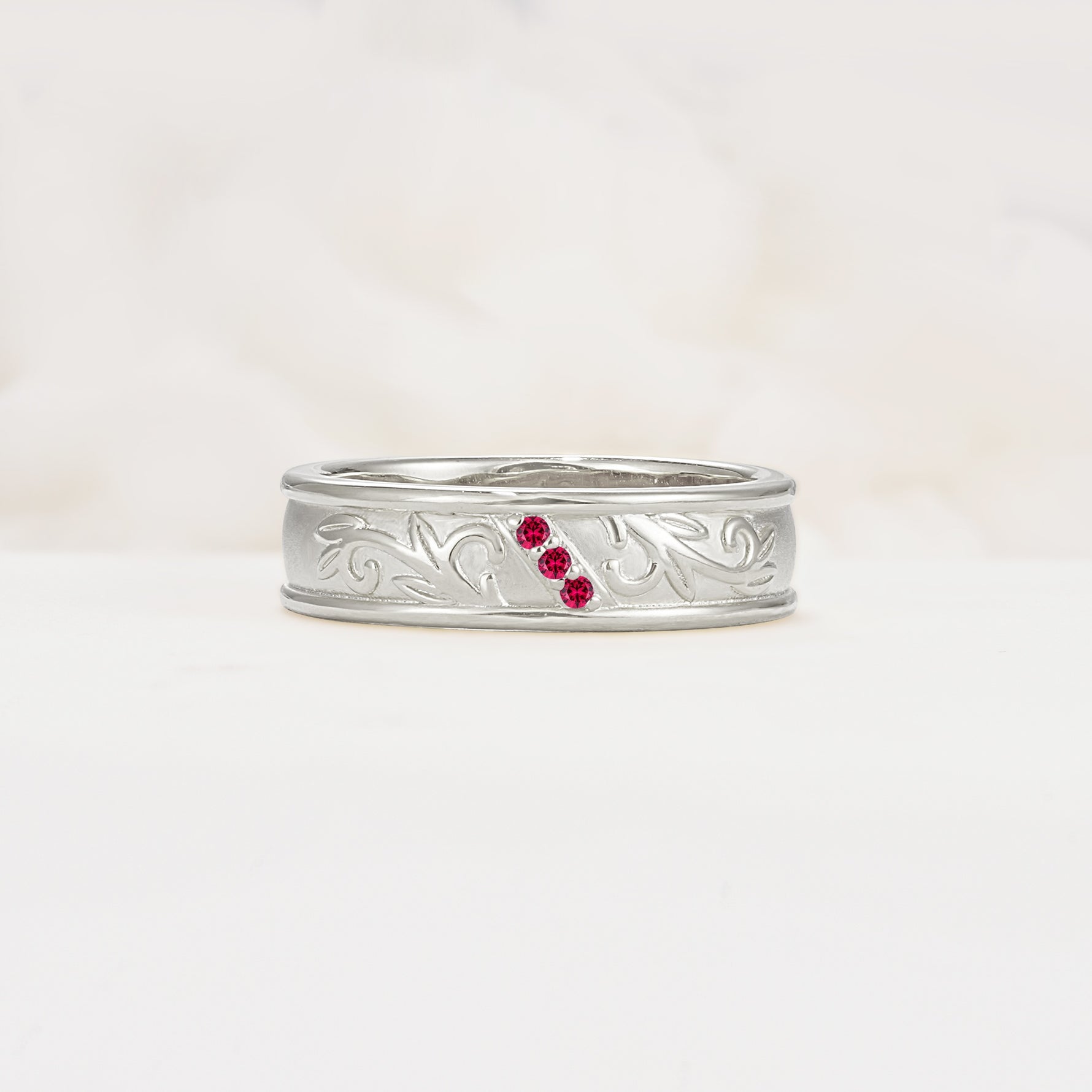 Vintage Round Cut Scroll Engraved Accent Ruby Wedding Band - Additional view