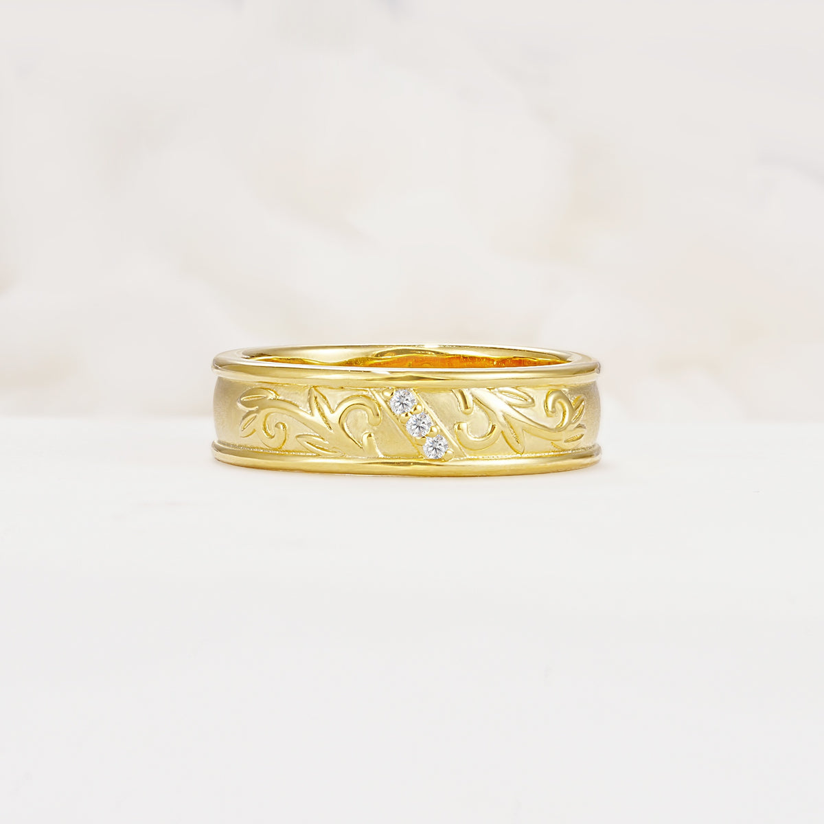 Vintage Round Cut Scroll Engraved Accent Moissanite Wedding Band - Additional view