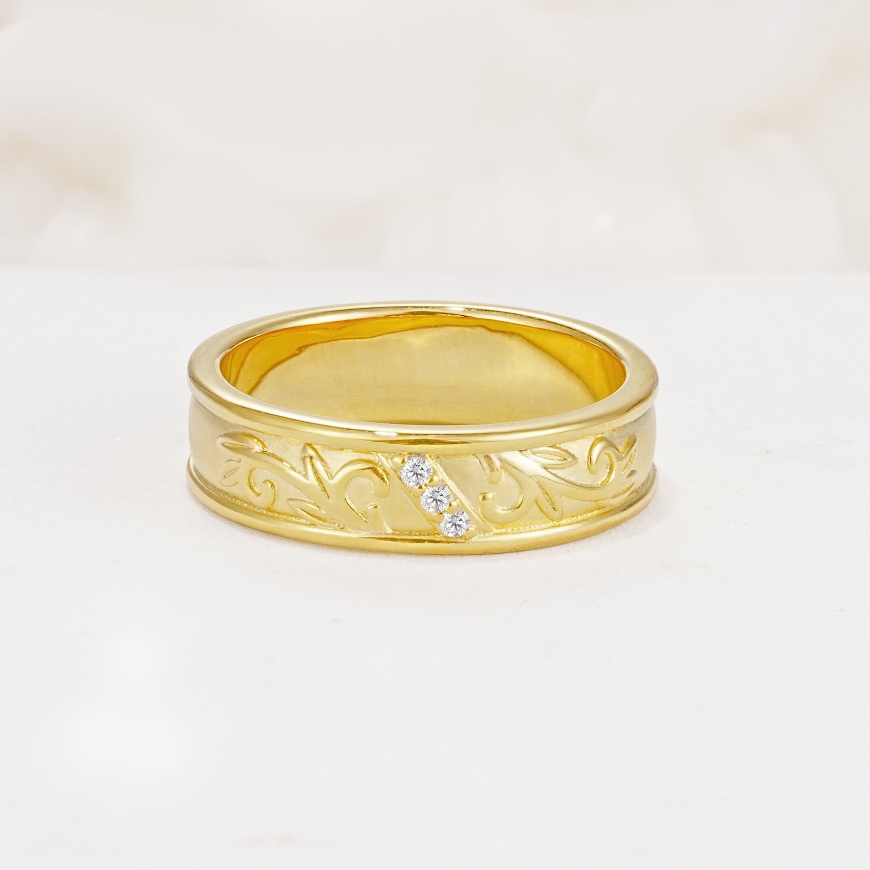 Vintage Round Cut Scroll Engraved Accent Moissanite Wedding Band - Additional view