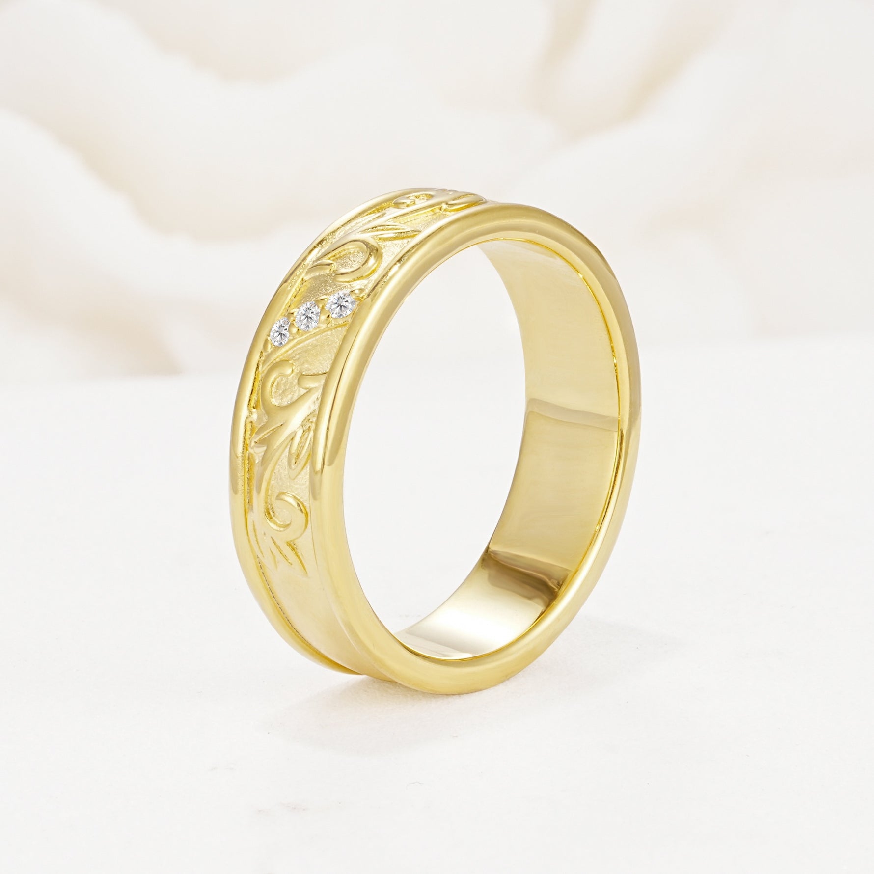 Vintage Round Cut Scroll Engraved Accent Moissanite Wedding Band - Additional view