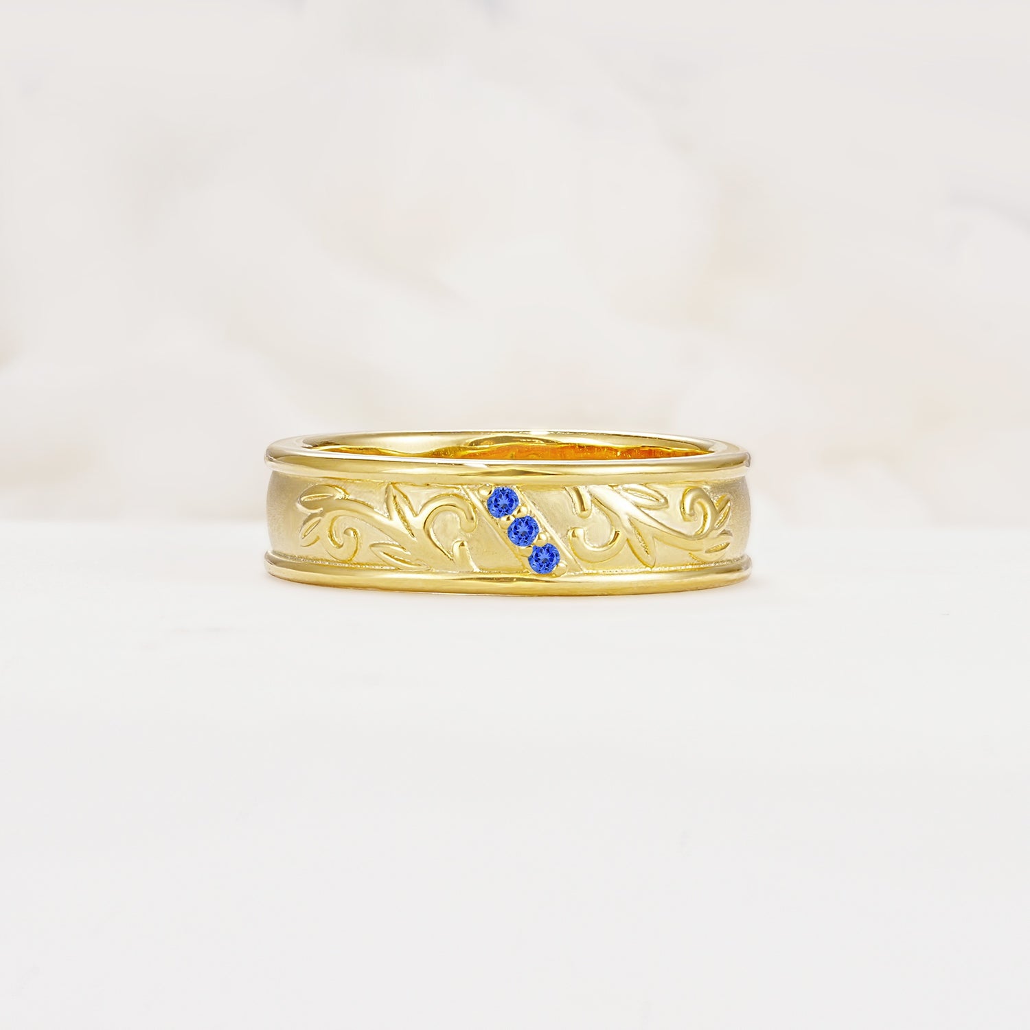 Vintage Round Cut Scroll Engraved Accent Sapphire Wedding Band - Additional view