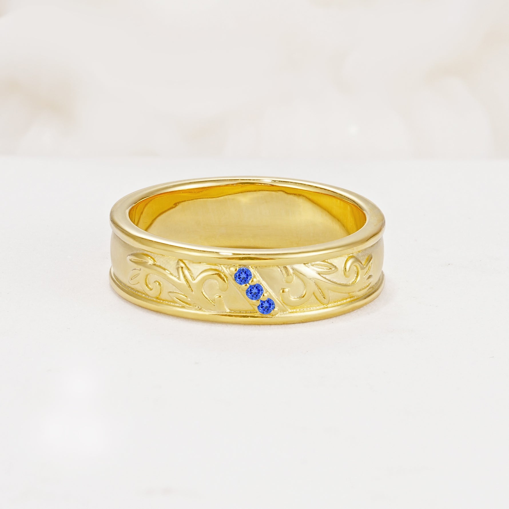 Vintage Round Cut Scroll Engraved Accent Sapphire Wedding Band - Additional view