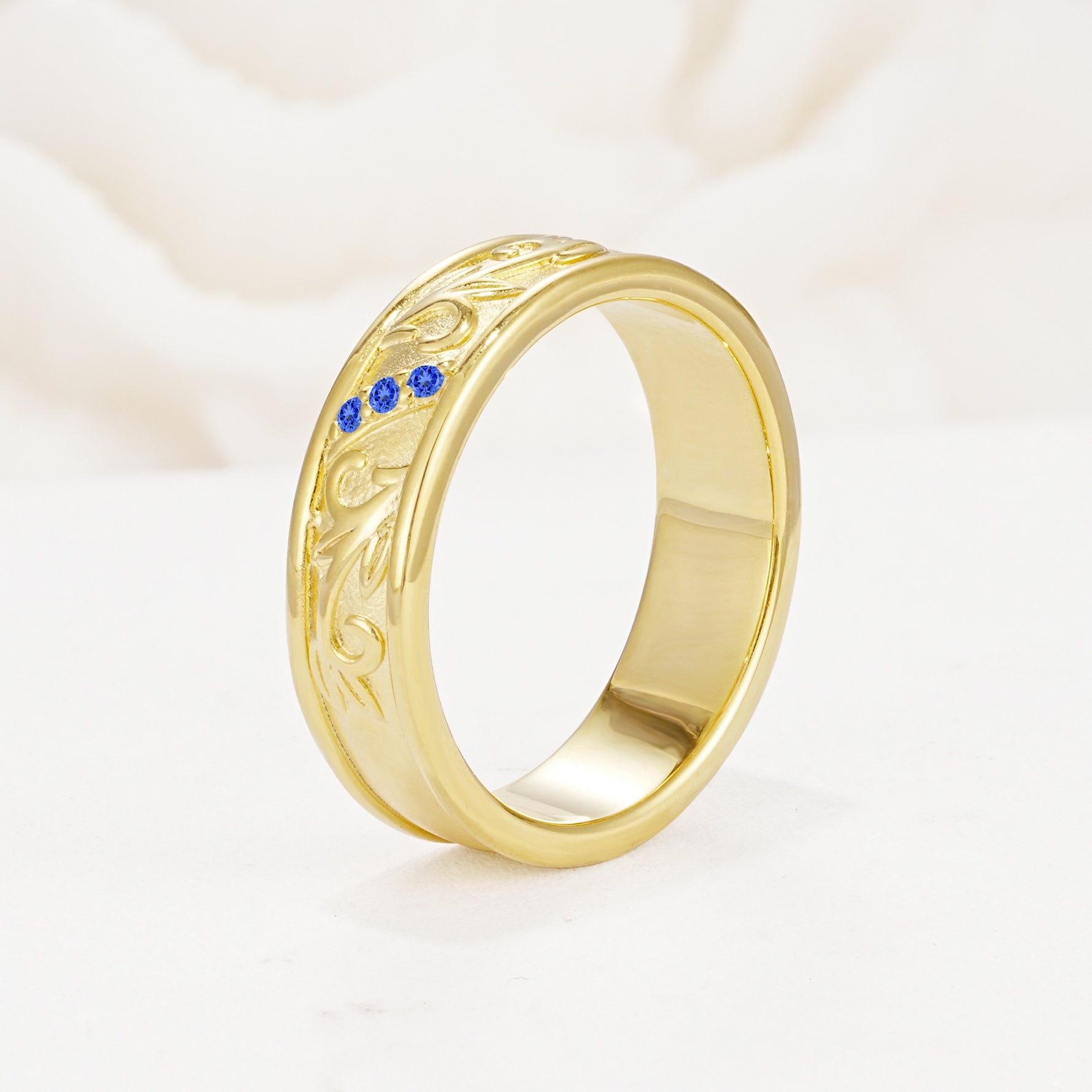 Vintage Round Cut Scroll Engraved Accent Sapphire Wedding Band - Additional view