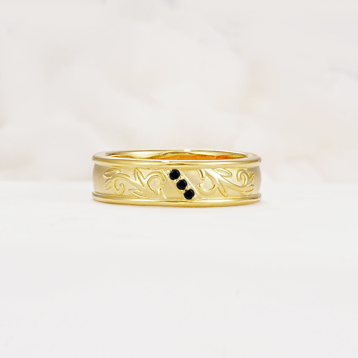 Vintage Round Cut Scroll Engraved Accent Black Onyx Wedding Band - Additional view
