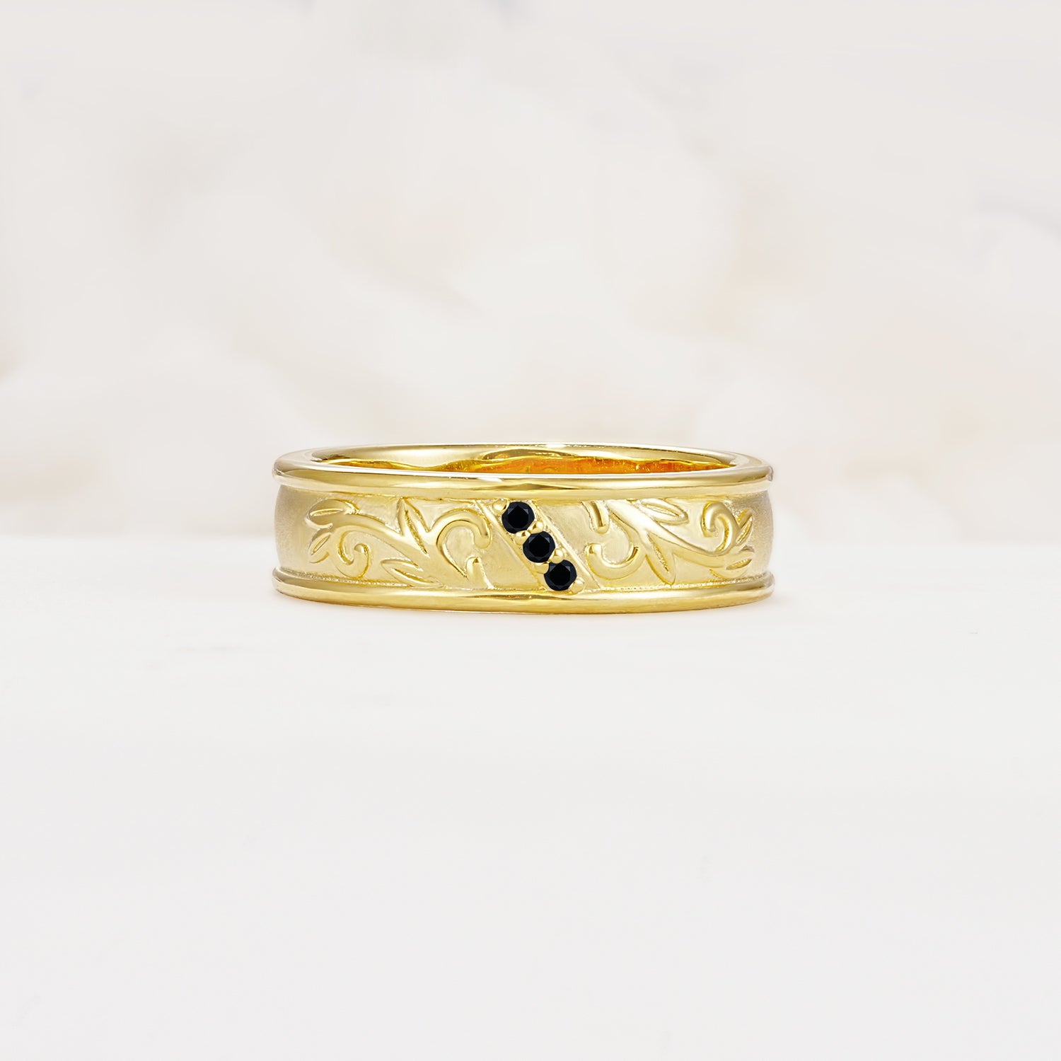 Vintage Round Cut Scroll Engraved Accent Black Onyx Wedding Band - Additional view