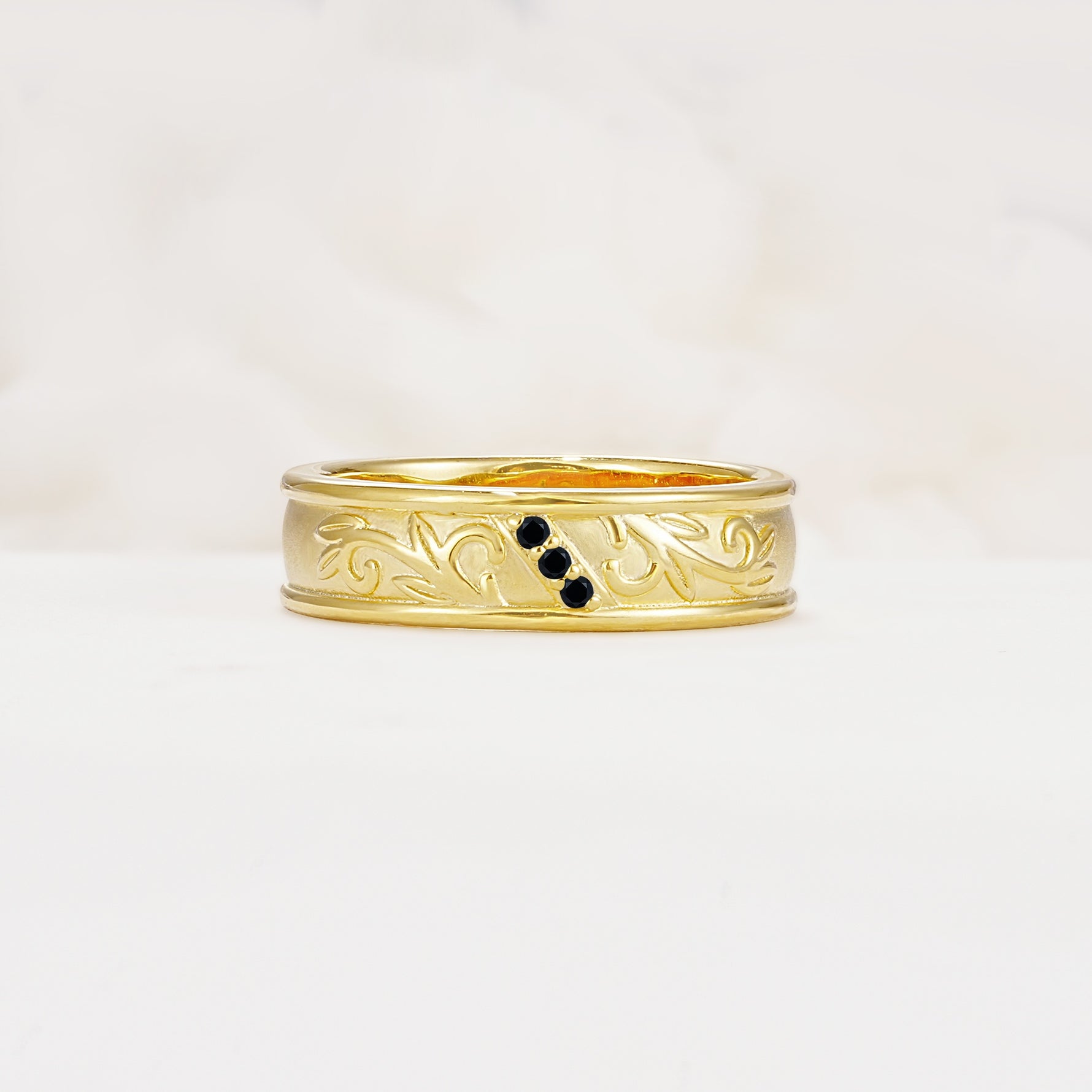 Vintage Round Cut Scroll Engraved Accent Black Onyx Wedding Band - Additional view