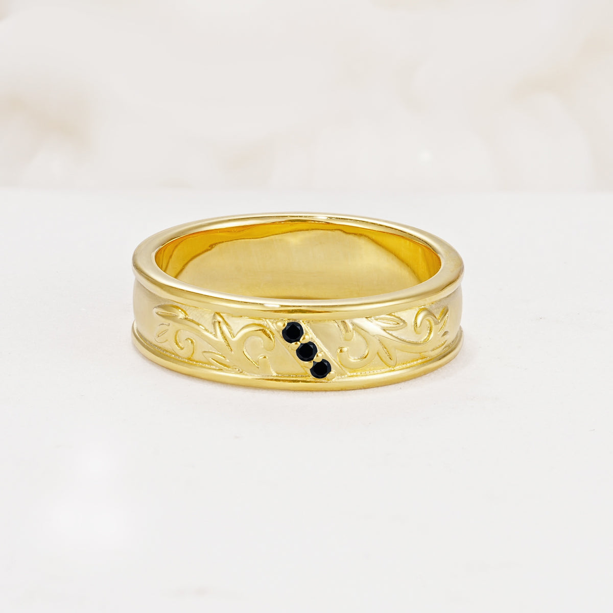 Vintage Round Cut Scroll Engraved Accent Black Onyx Wedding Band - Additional view
