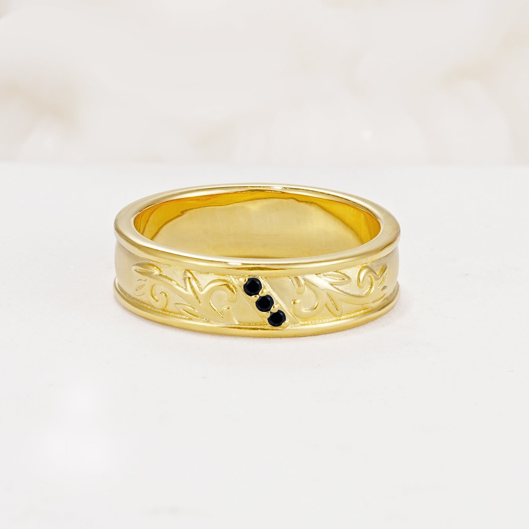 Vintage Round Cut Scroll Engraved Accent Black Onyx Wedding Band - Additional view
