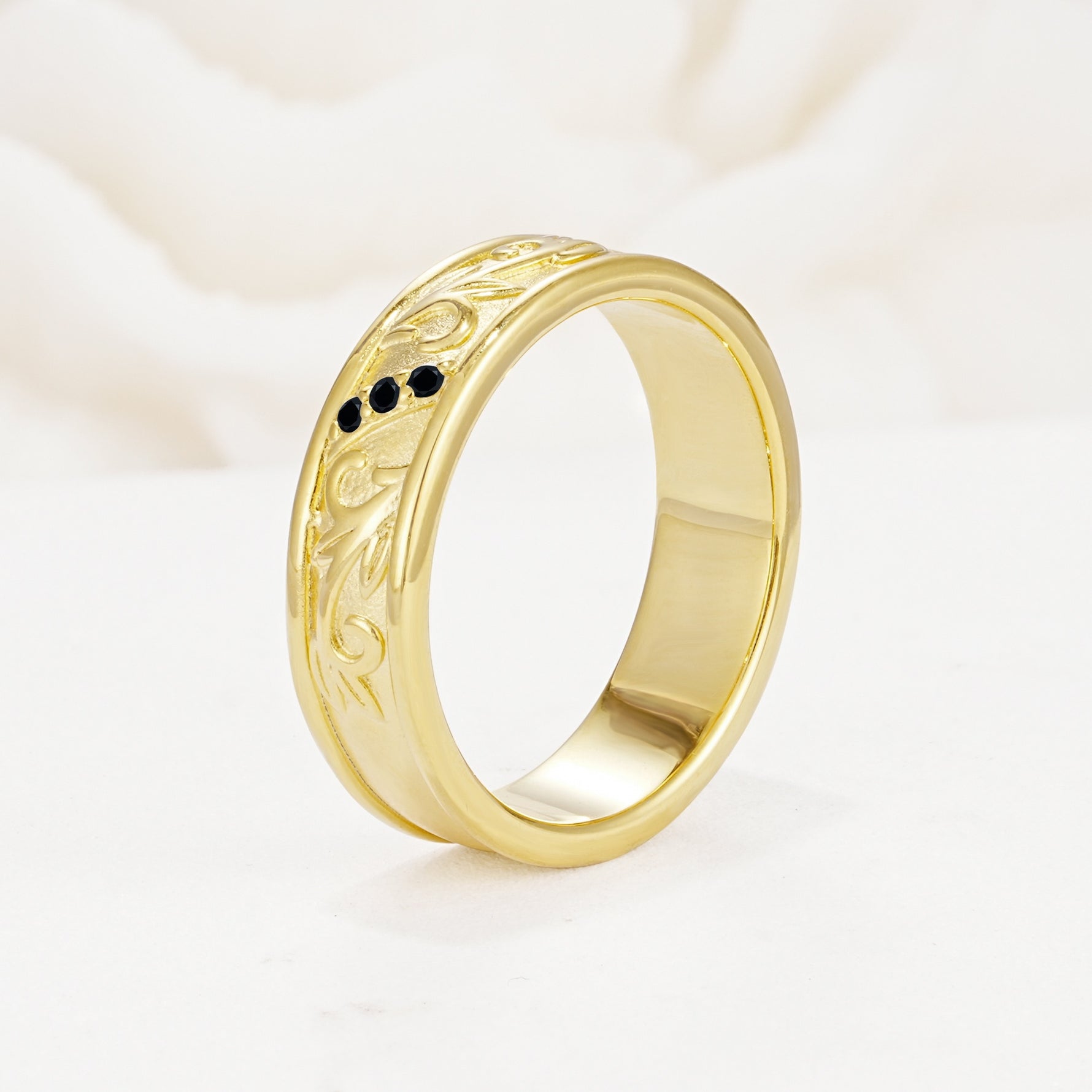 Vintage Round Cut Scroll Engraved Accent Black Onyx Wedding Band - Additional view