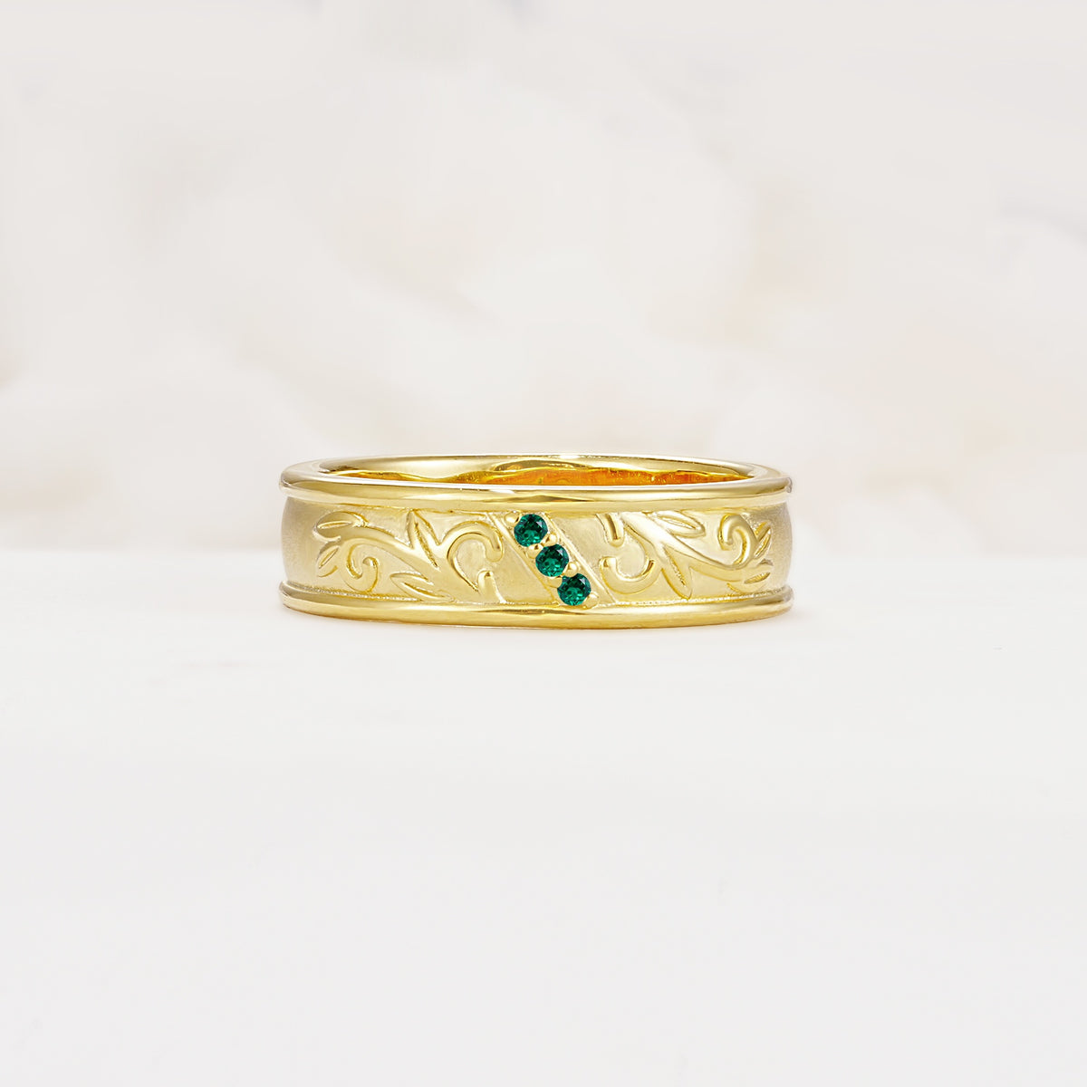 Vintage Round Cut Scroll Engraved Accent Emerald Wedding Band - Additional view