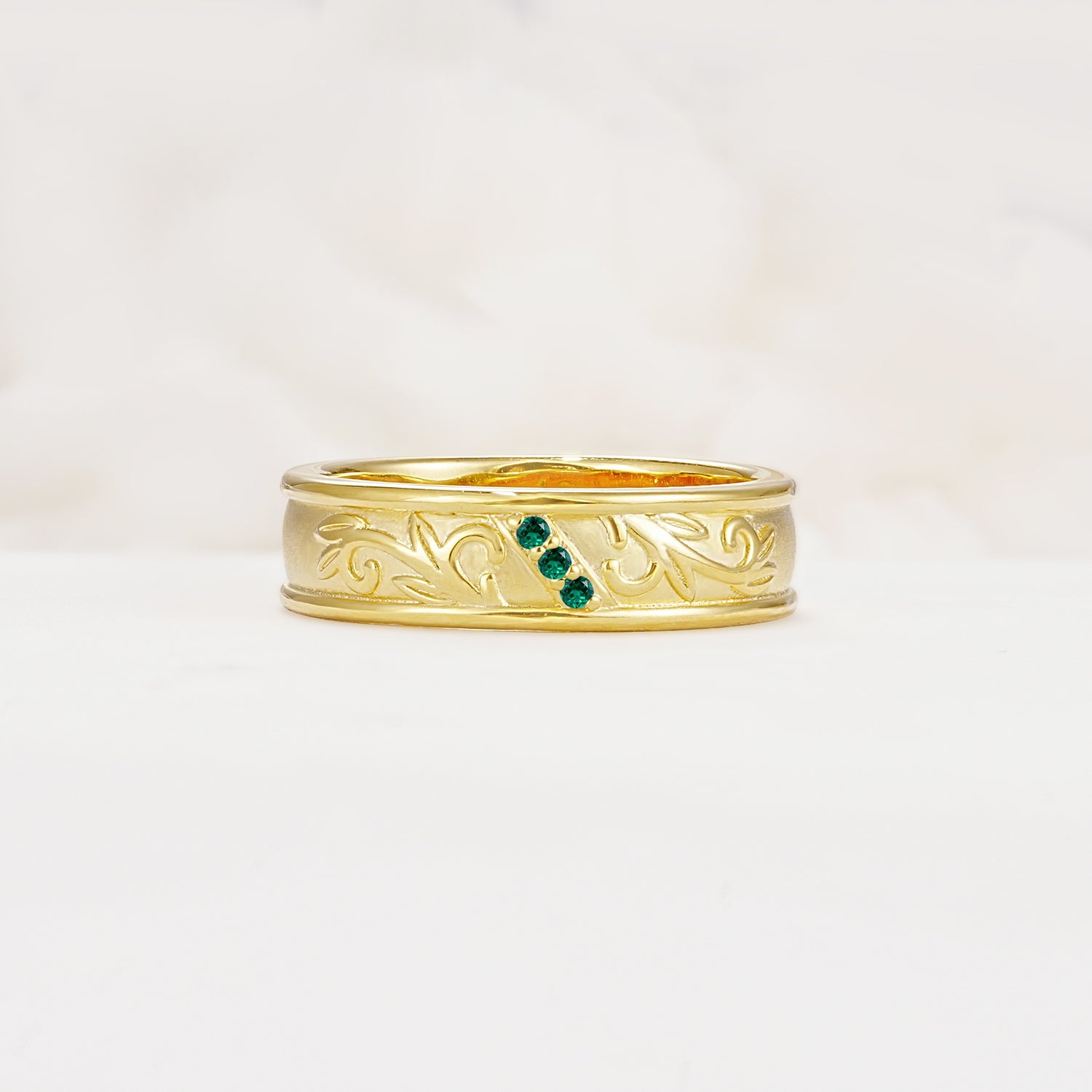 Vintage Round Cut Scroll Engraved Accent Emerald Wedding Band - Additional view