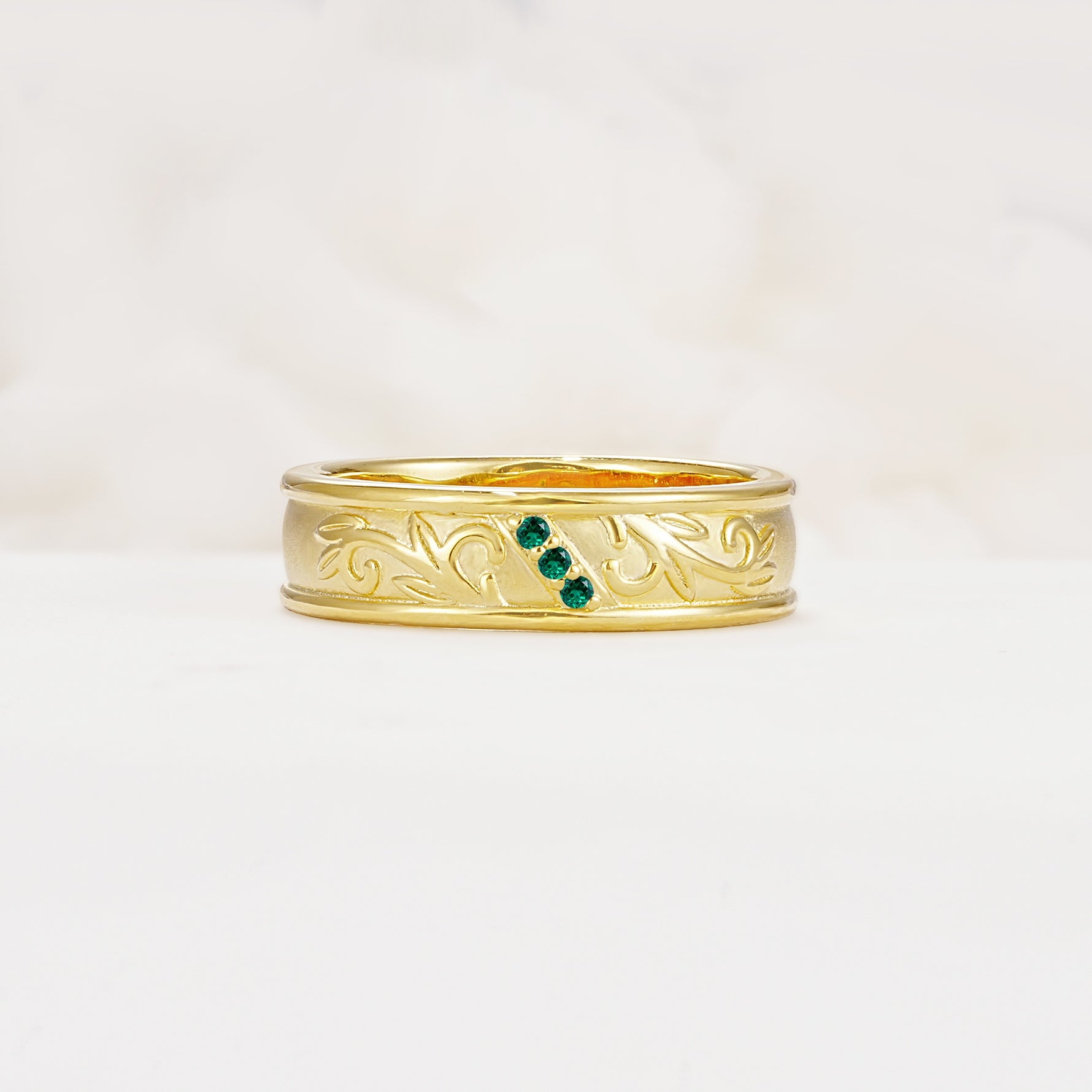 Vintage Round Cut Scroll Engraved Accent Emerald Wedding Band - Additional view