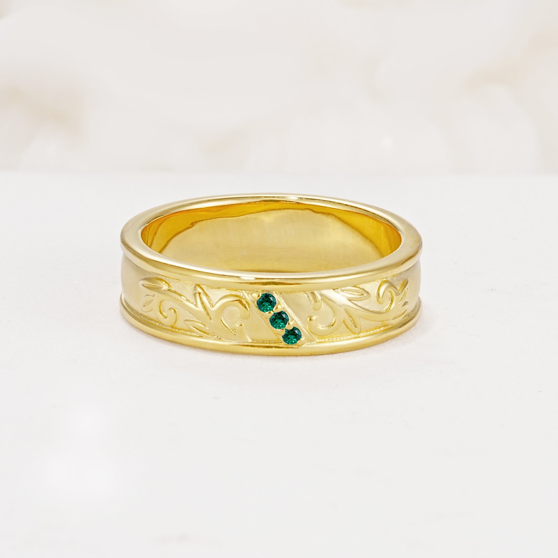 Vintage Round Cut Scroll Engraved Accent Emerald Wedding Band - Additional view