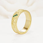 Vintage Round Cut Scroll Engraved Accent Emerald Wedding Band - Additional view
