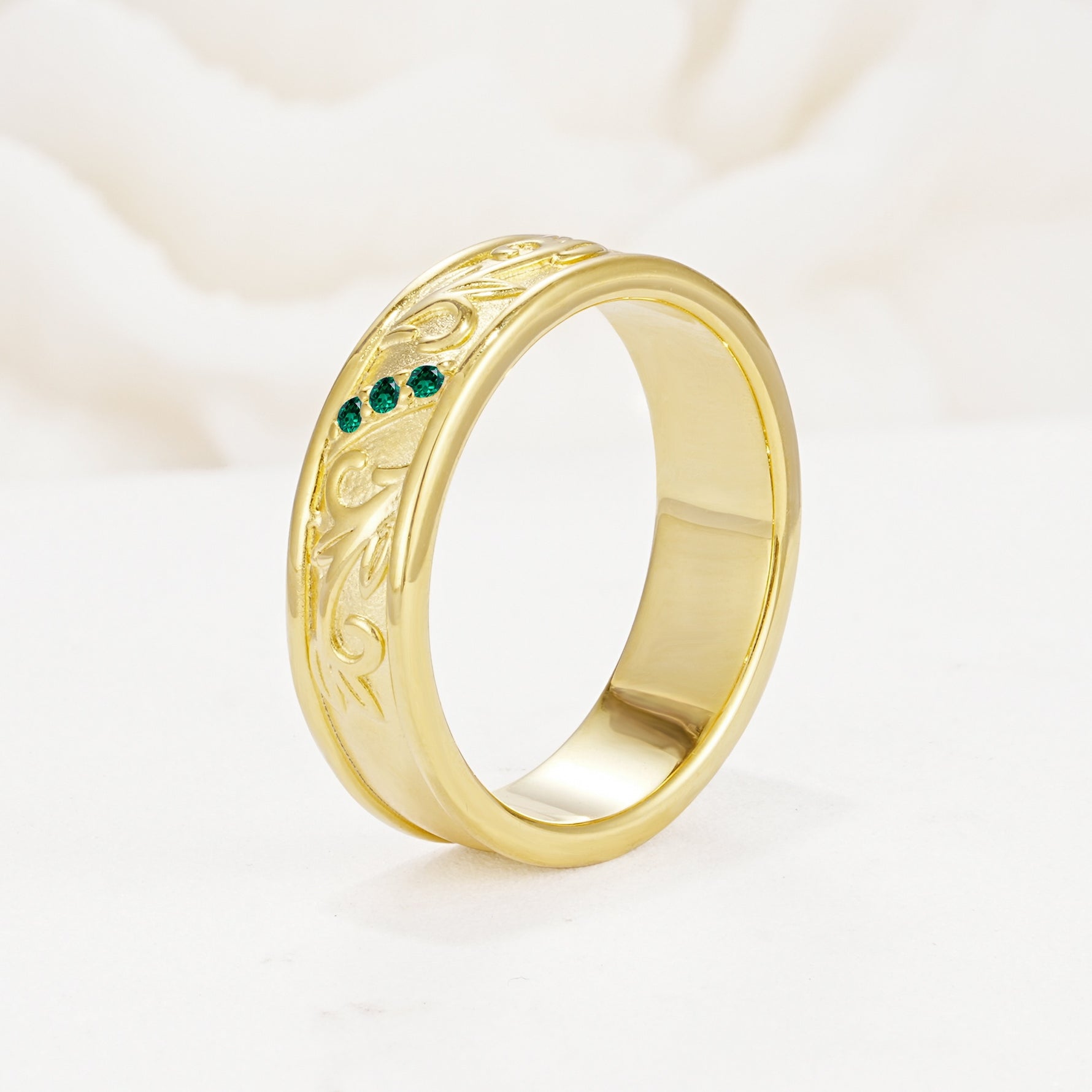 Vintage Round Cut Scroll Engraved Accent Emerald Wedding Band - Additional view