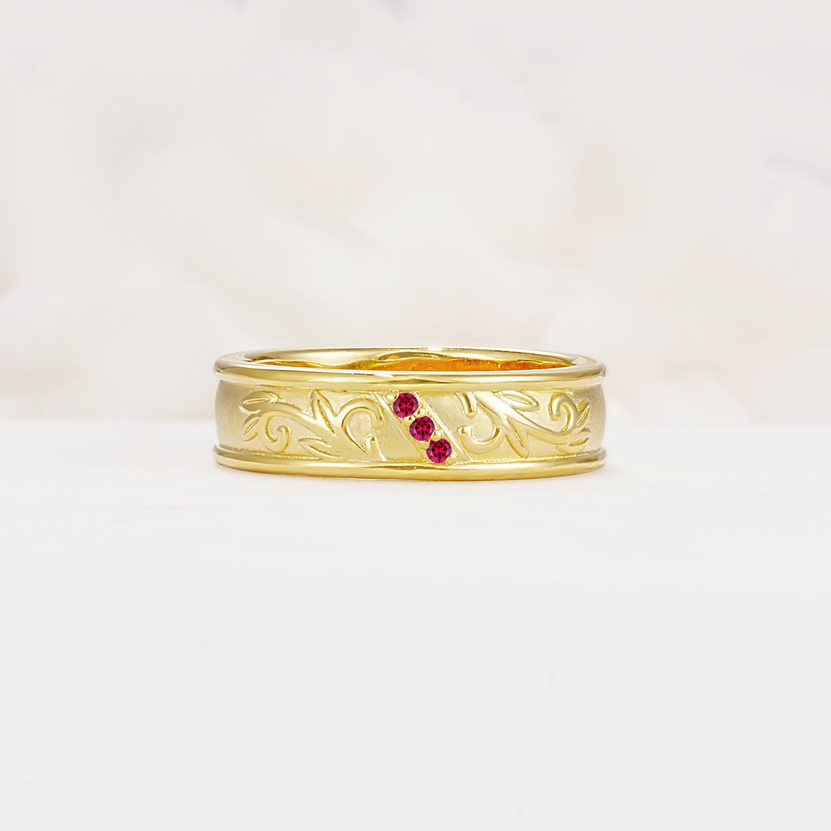 Vintage Round Cut Scroll Engraved Accent Ruby Wedding Band - Additional view